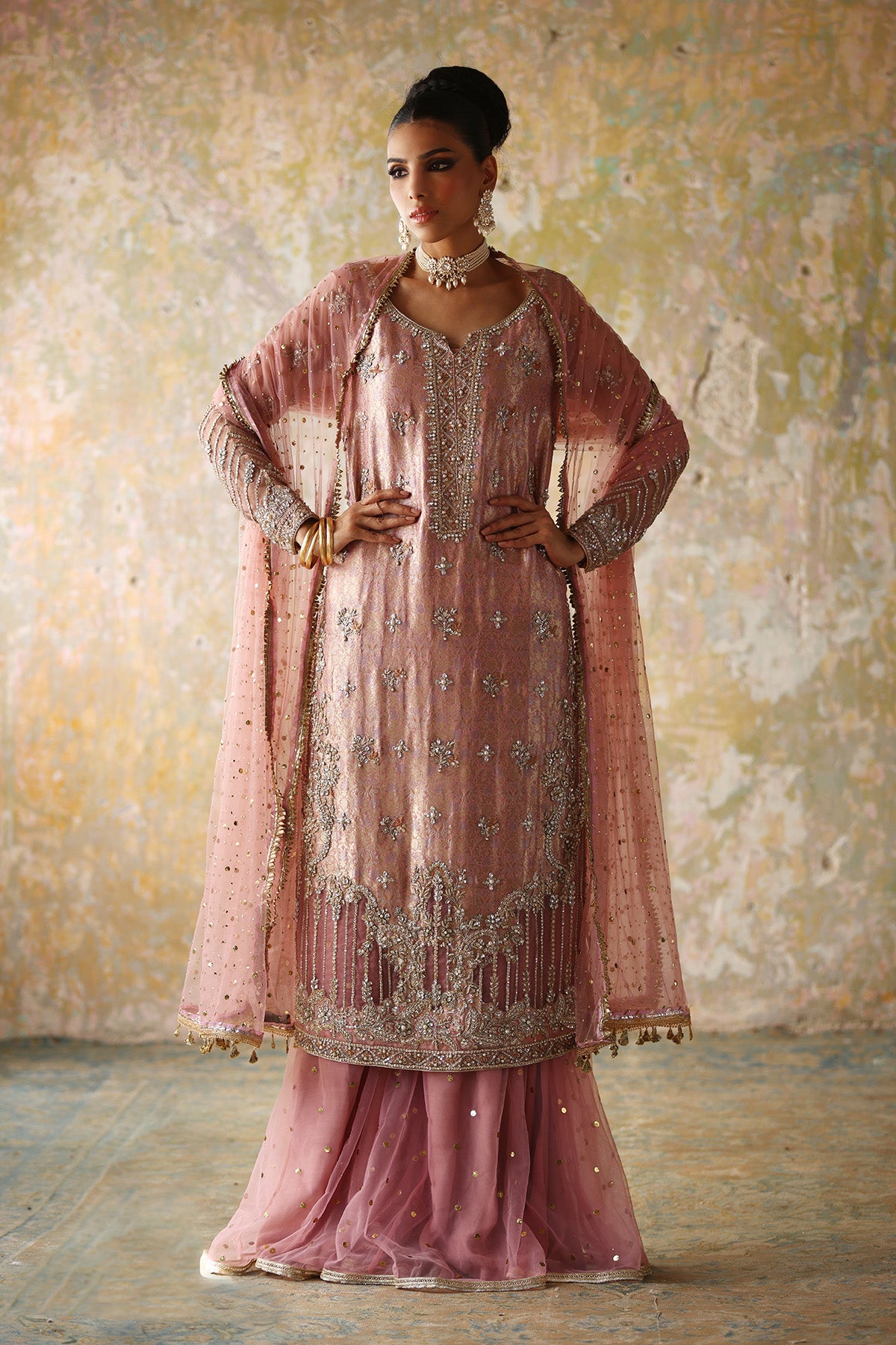Pakistani Blush Pink Mukesh Net Sharara Set (3-Piece) - Image 2