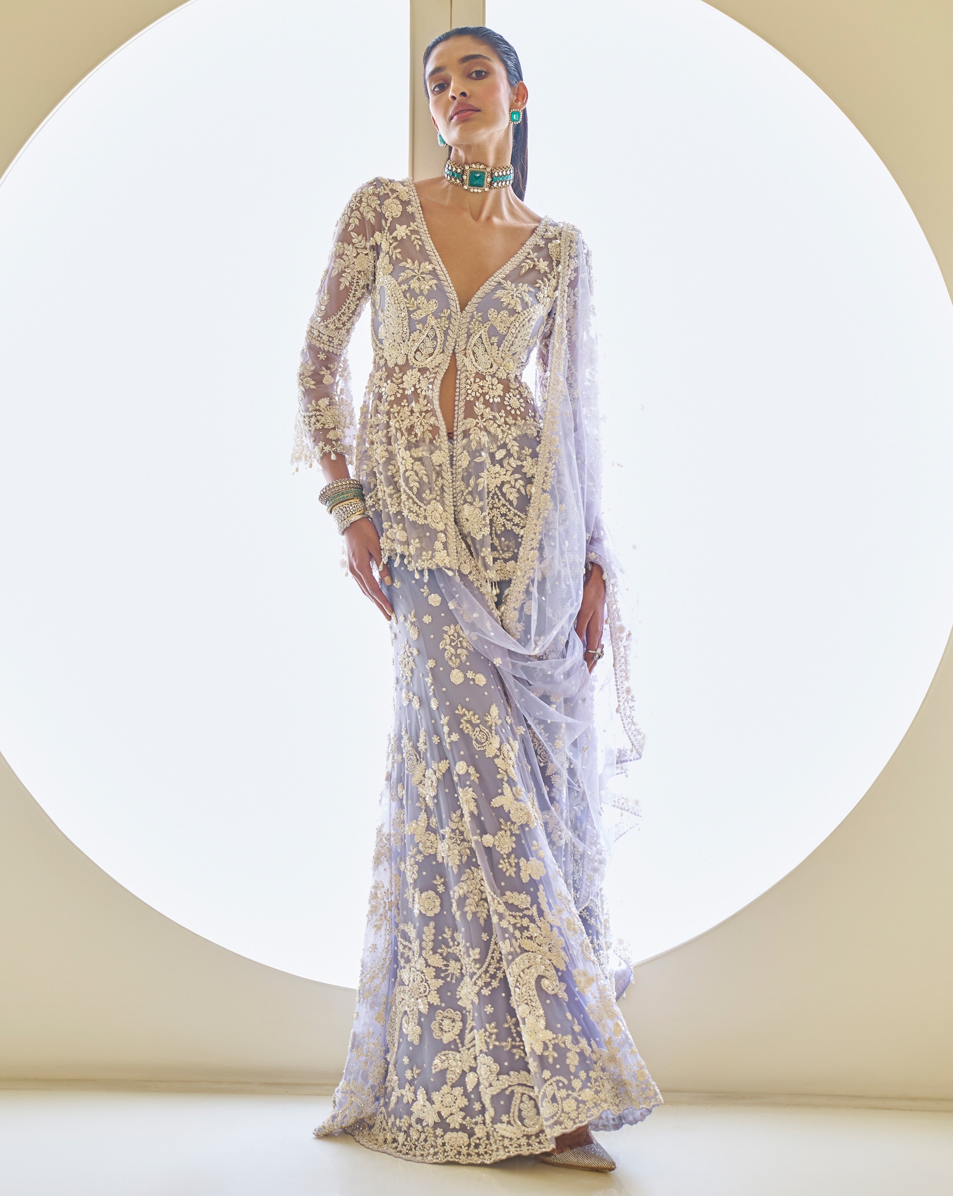 Indian Mauve Embroidered Net Sharara Set (3-Piece) - Image 1