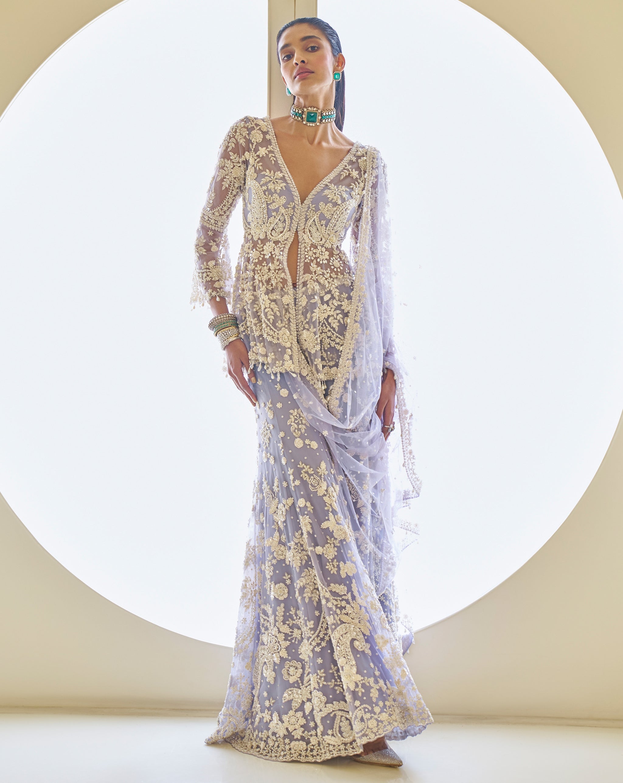 Indian Mauve Embroidered Net Sharara Set (3-Piece) - Image 2