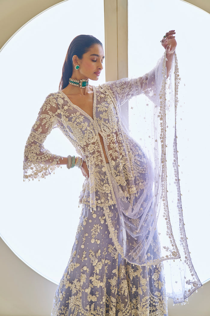 Indian Mauve Embroidered Net Sharara Set (3-Piece) - Image 4