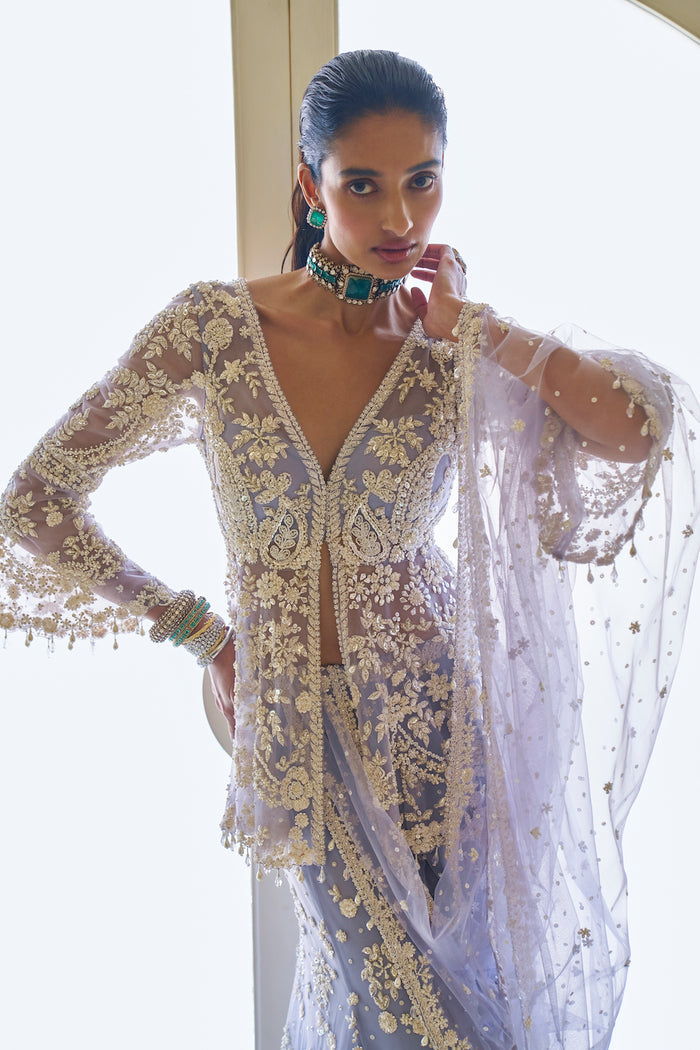 Indian Mauve Embroidered Net Sharara Set (3-Piece) - Image 5