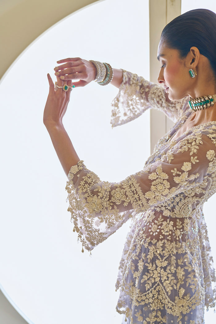 Indian Mauve Embroidered Net Sharara Set (3-Piece) - Image 6