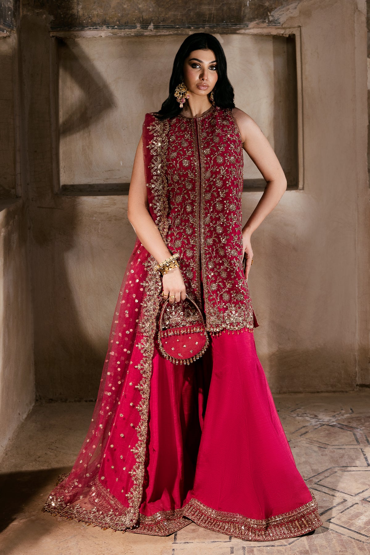 Deep Raspberry Embroidered Net & Silk Sharara (3-Piece) - Image 1