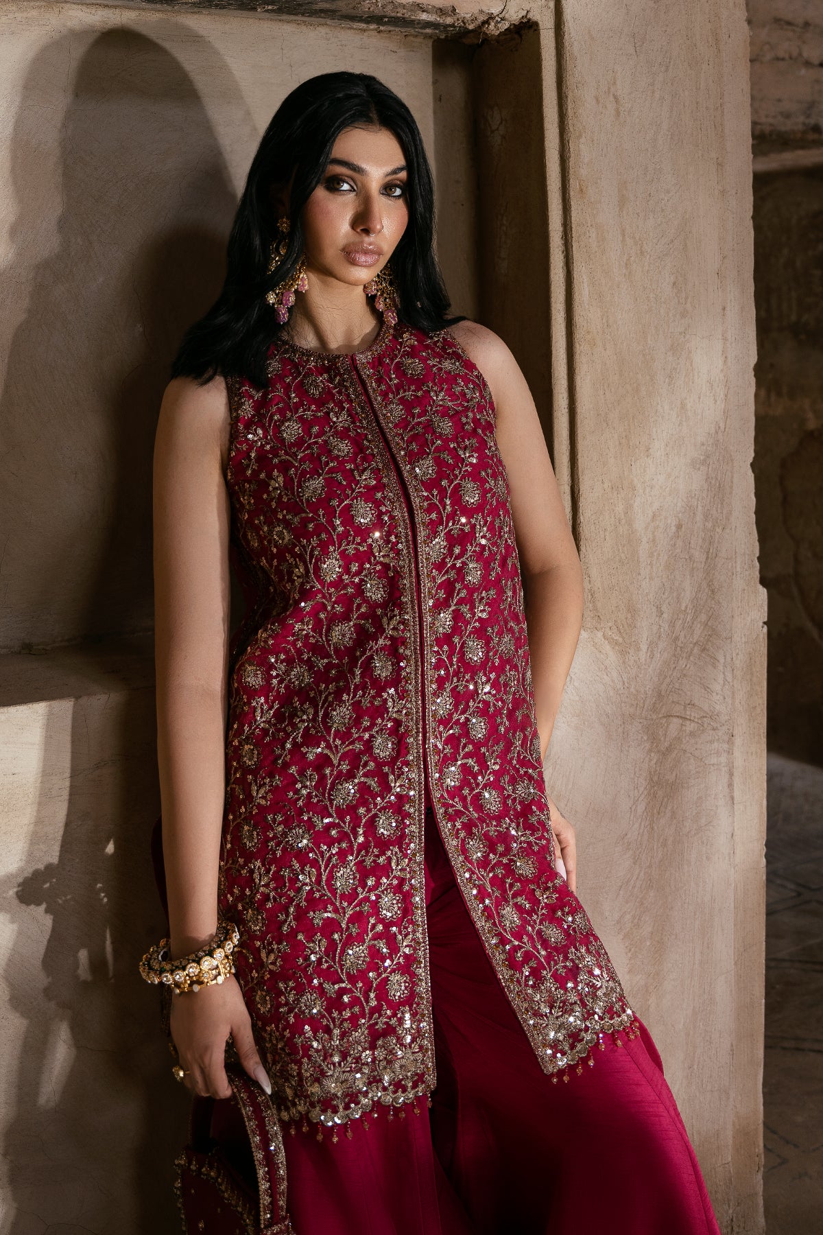 Deep Raspberry Embroidered Net & Silk Sharara (3-Piece) - Image 2