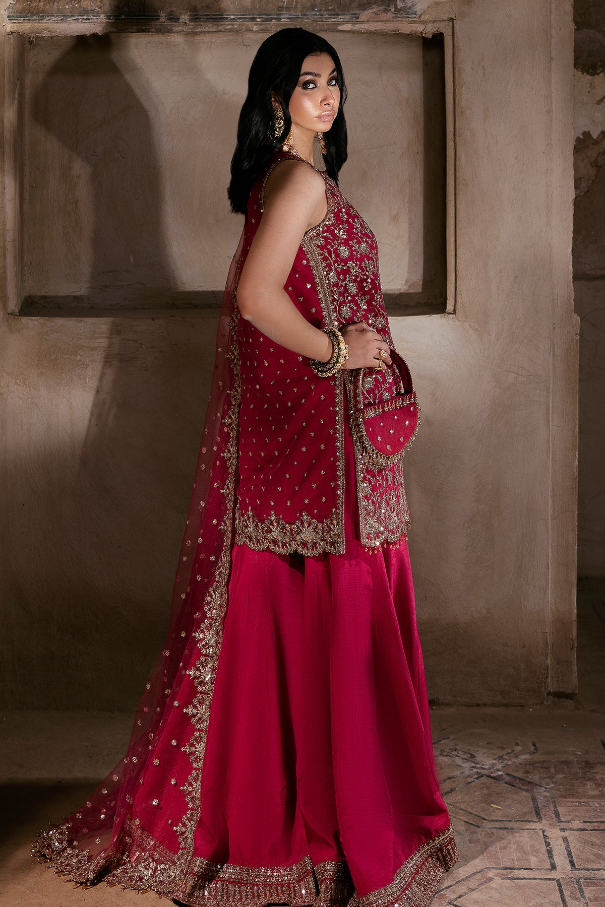 Deep Raspberry Embroidered Net & Silk Sharara (3-Piece) - Image 3