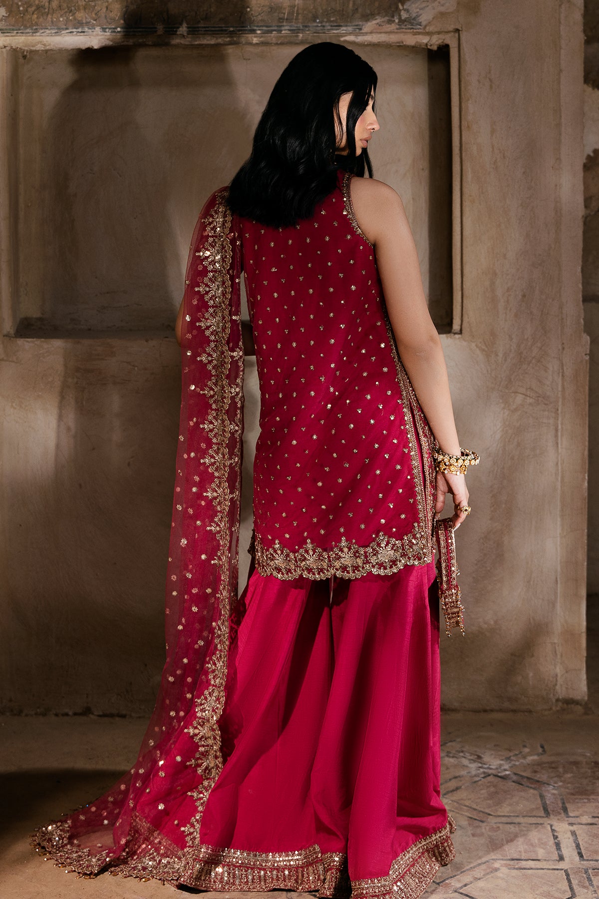 Deep Raspberry Embroidered Net & Silk Sharara (3-Piece) - Image 4