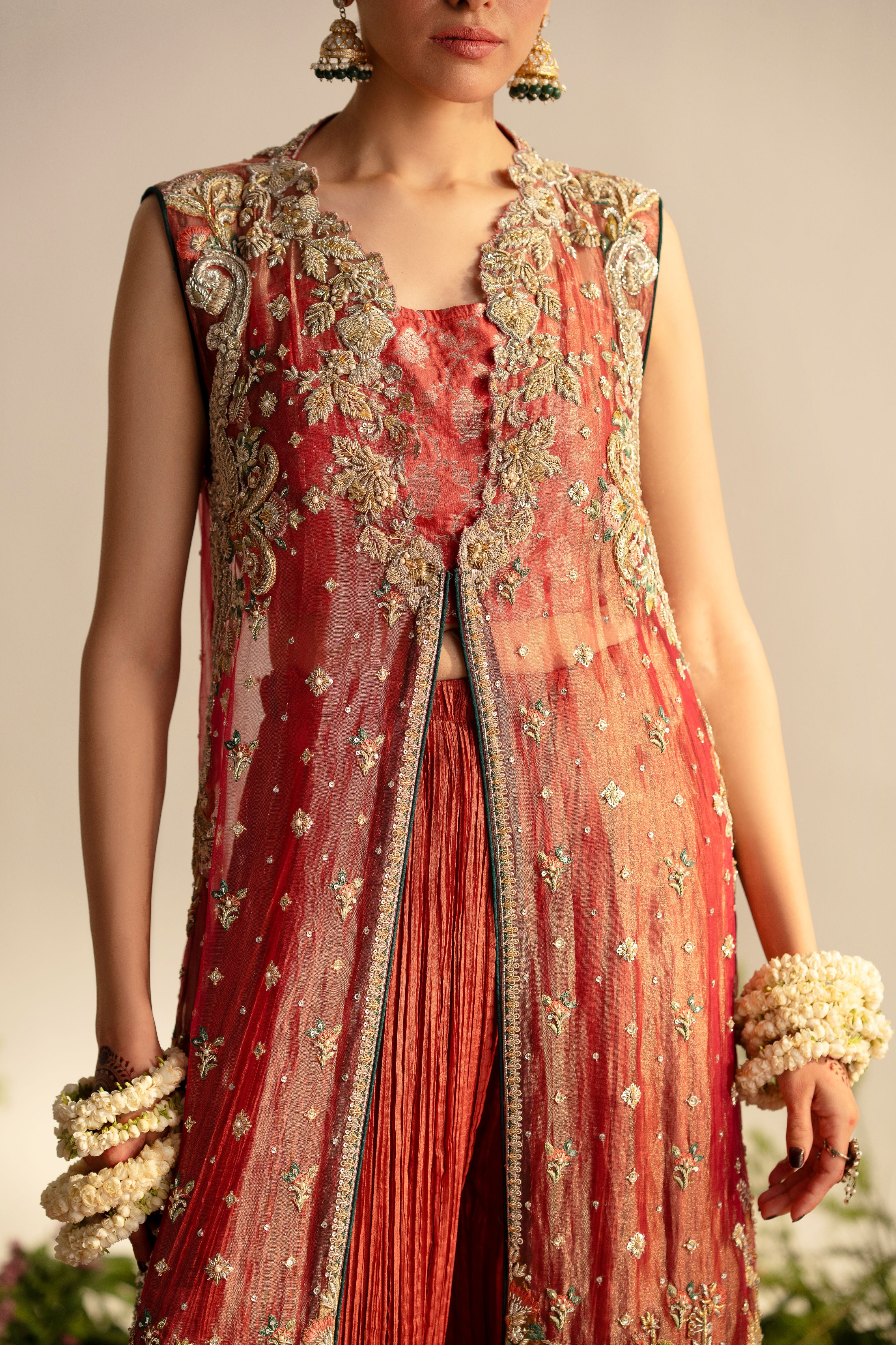 Watermelon Pink Hand-Embellished Jacket with Farshi Sharara (2-Piece) - Image 1