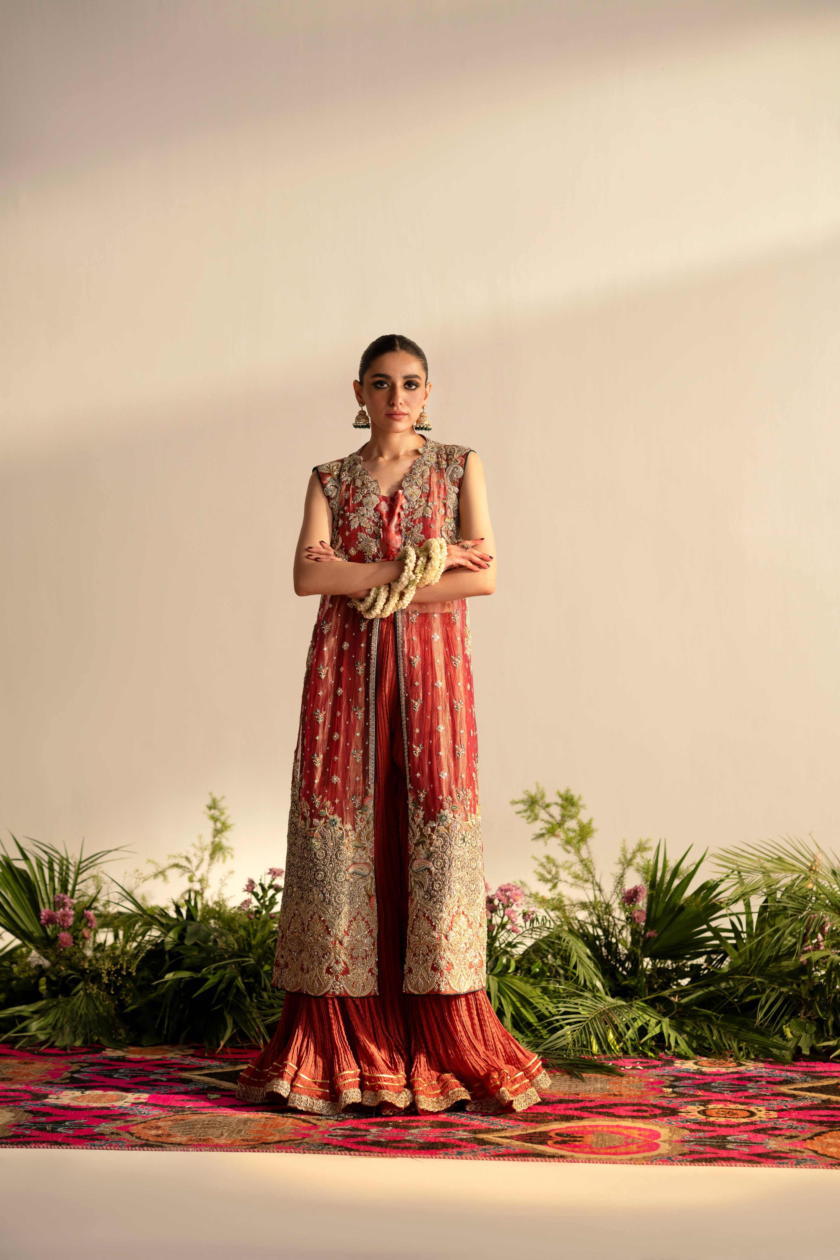 Watermelon Pink Hand-Embellished Jacket with Farshi Sharara (2-Piece) - Image 4