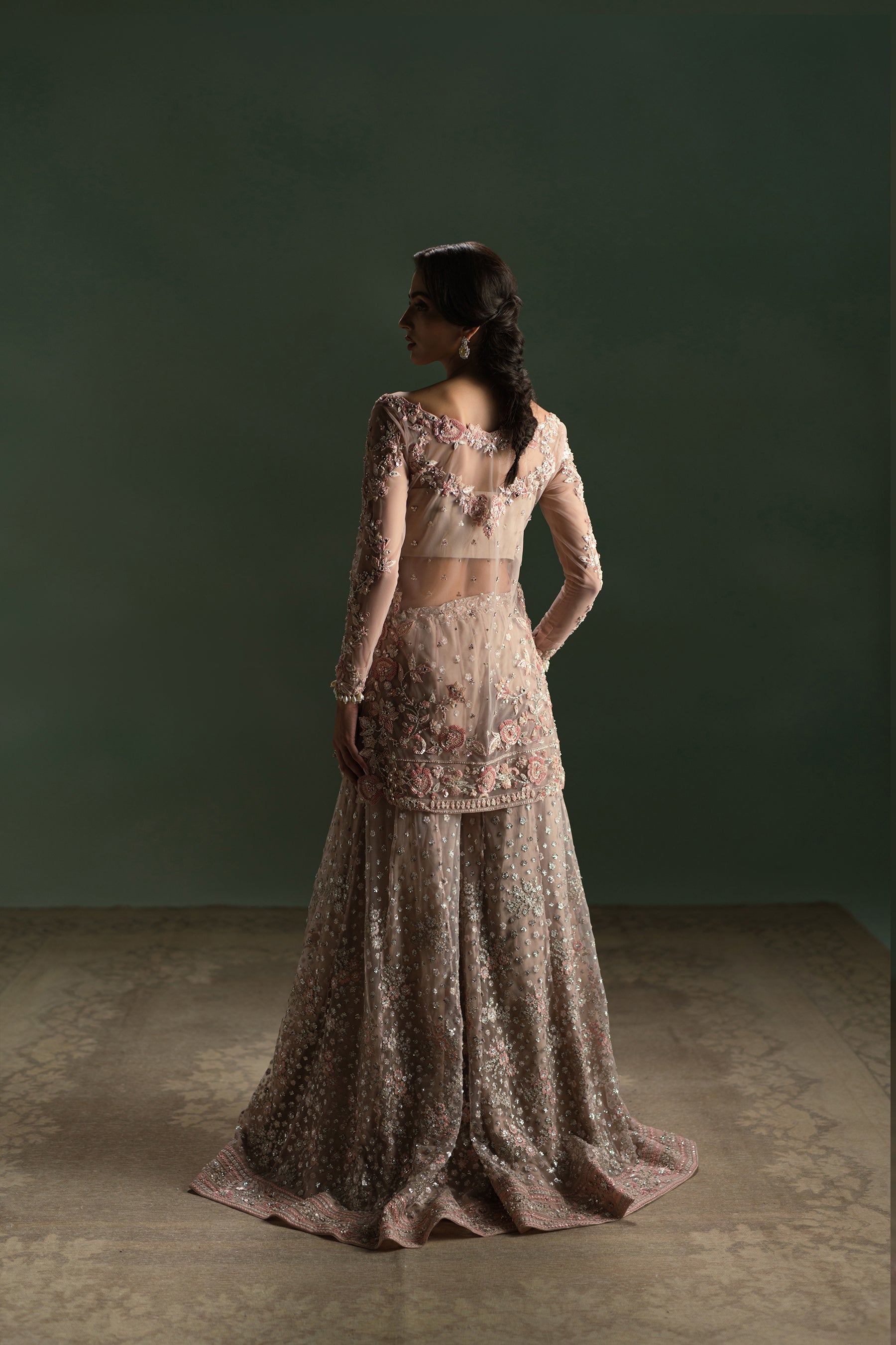 Blush Rose Embellished Net Silk Bridal Sharara (4-Piece) - Image 2