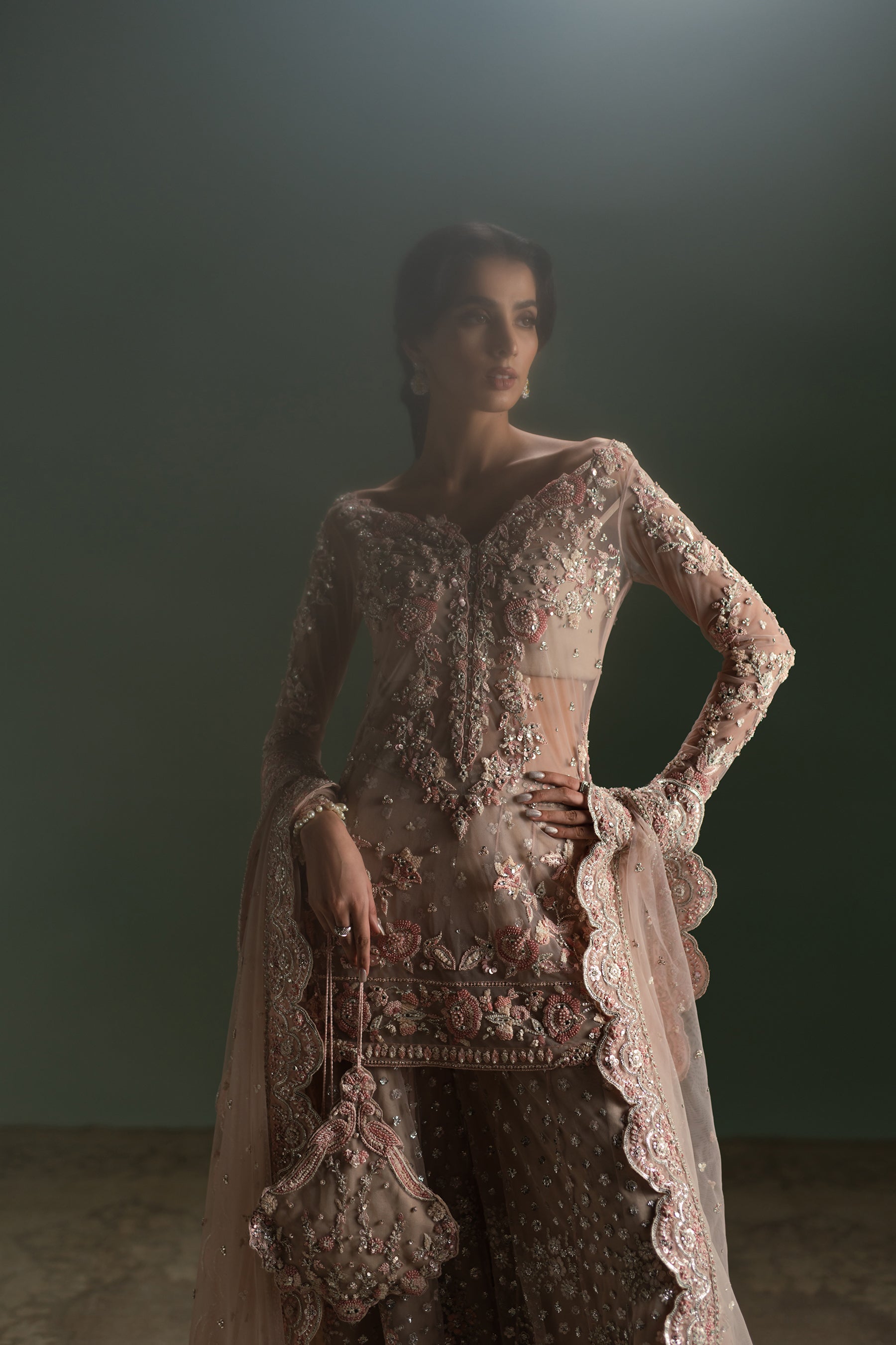 Blush Rose Embellished Net Silk Bridal Sharara (4-Piece) - Image 5