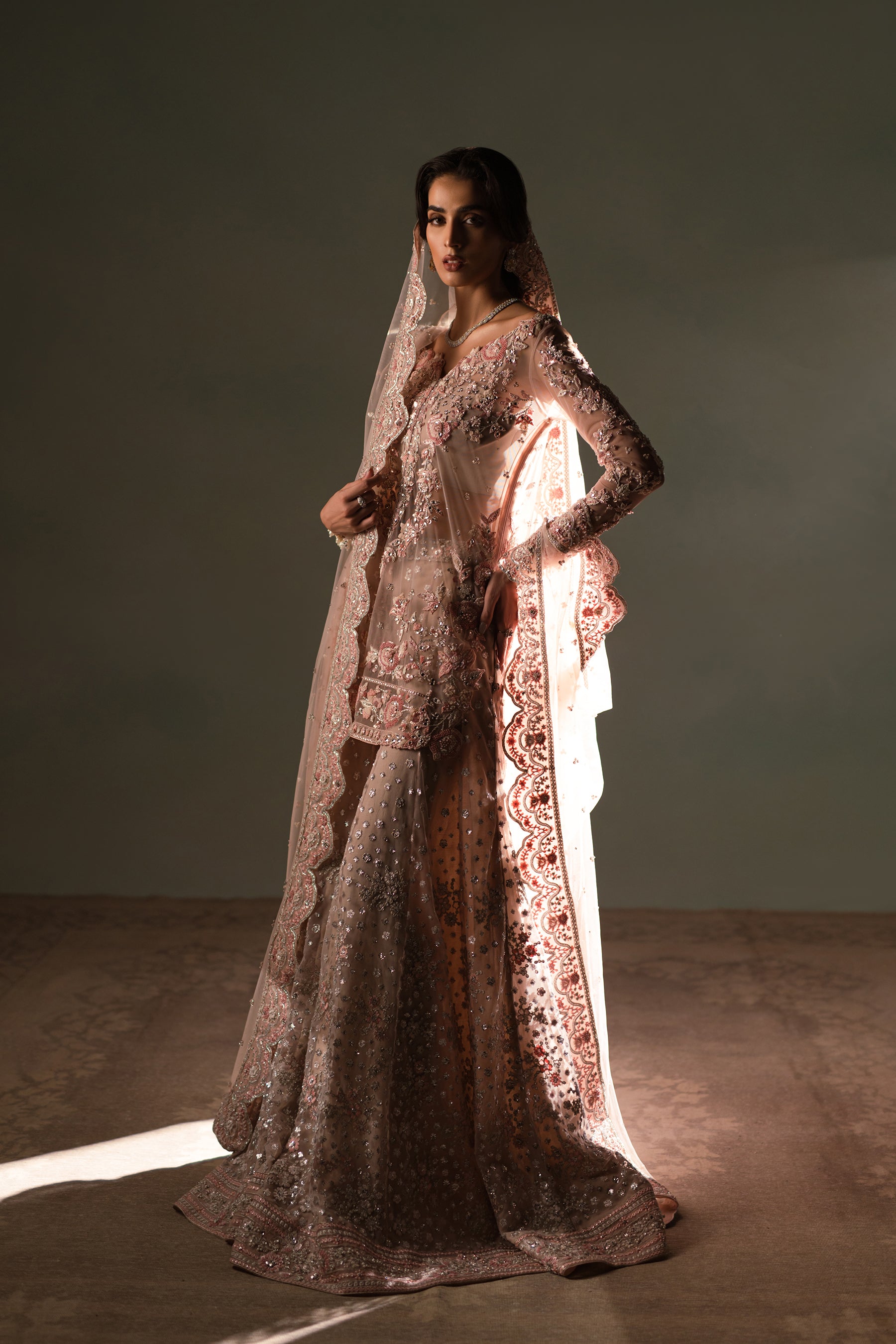 Pakistani Blush Rose Embellished Net Silk Bridal Sharara (4-Piece) - Image 1