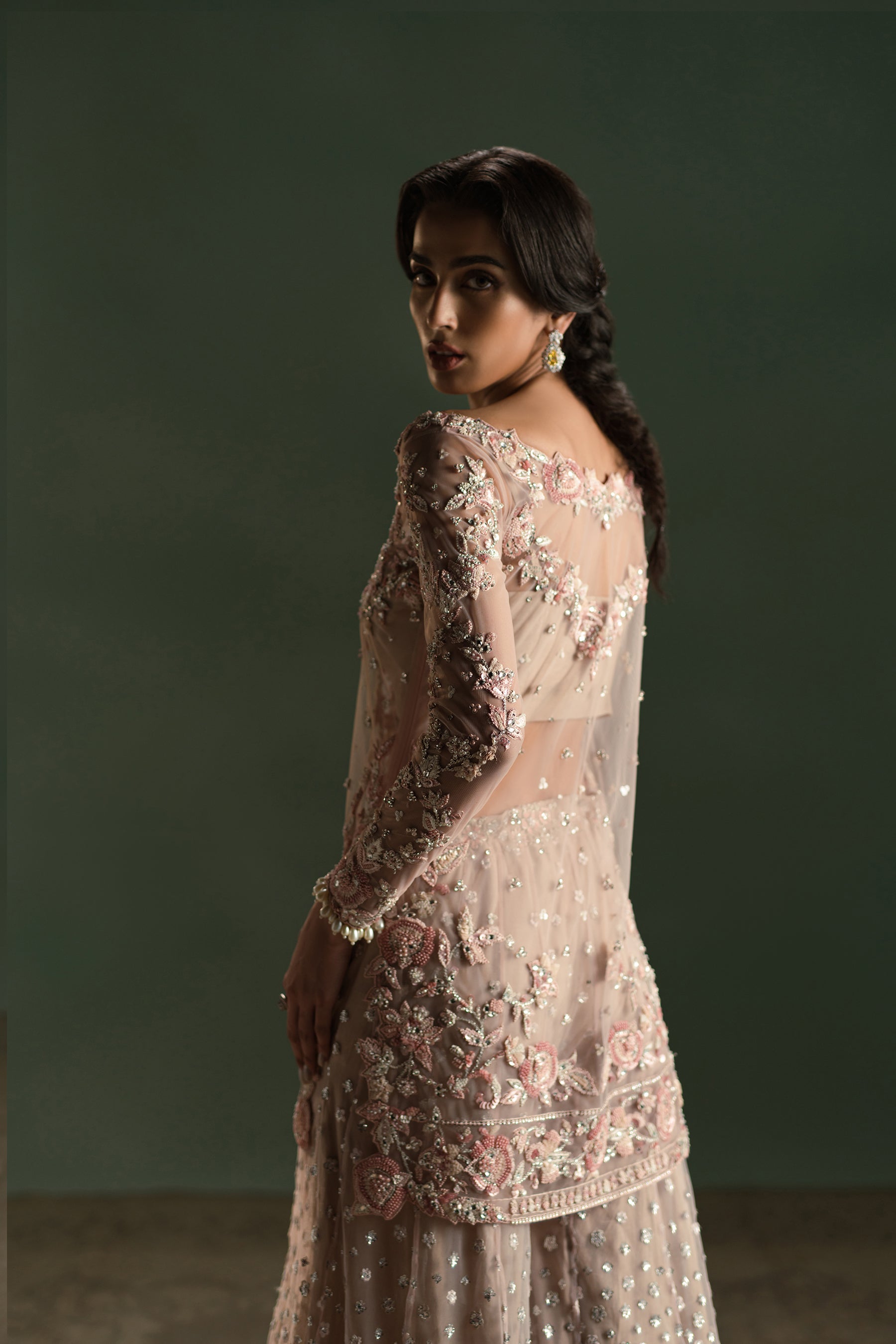 Pakistani Blush Rose Hand-Embellished Net Silk Bridal Sharara (4-Piece) - Image 3