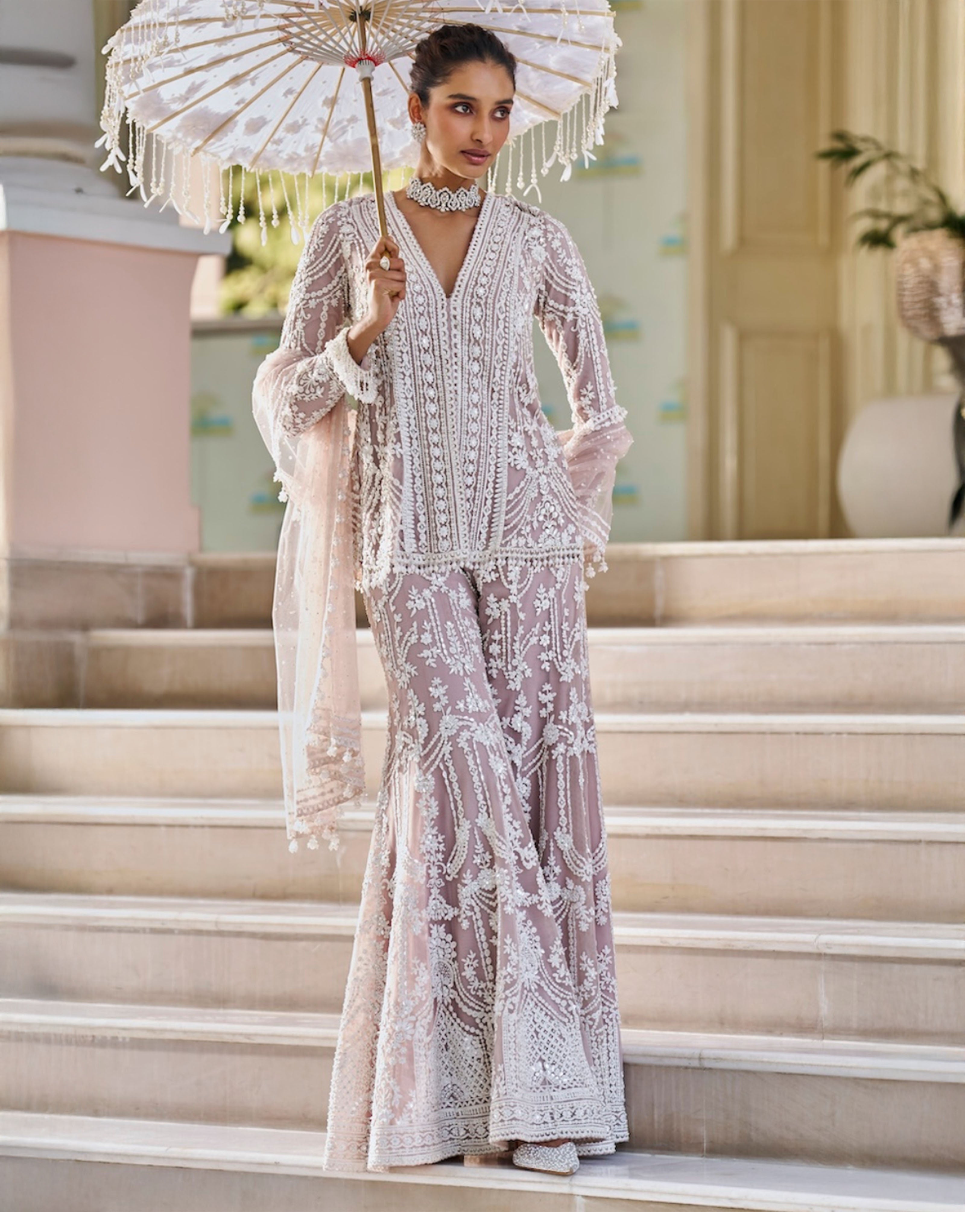 Indian Mauve Embroidered Net Sharara Set (3-Piece) - Image 1