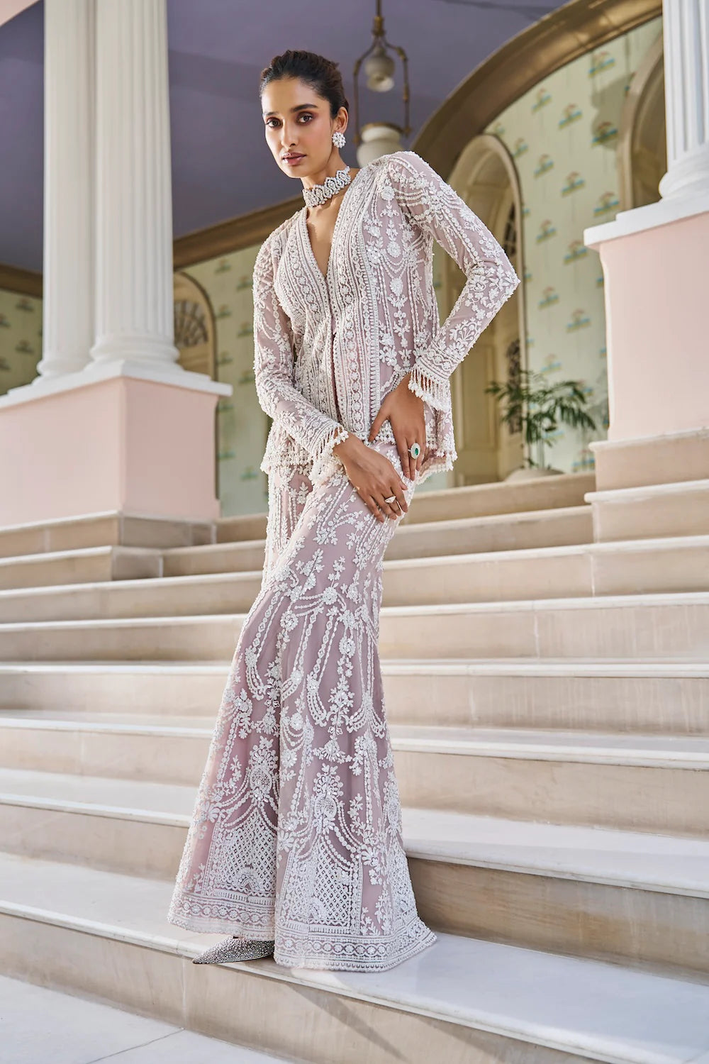 Indian Mauve Embroidered Net Sharara Set (3-Piece) - Image 3