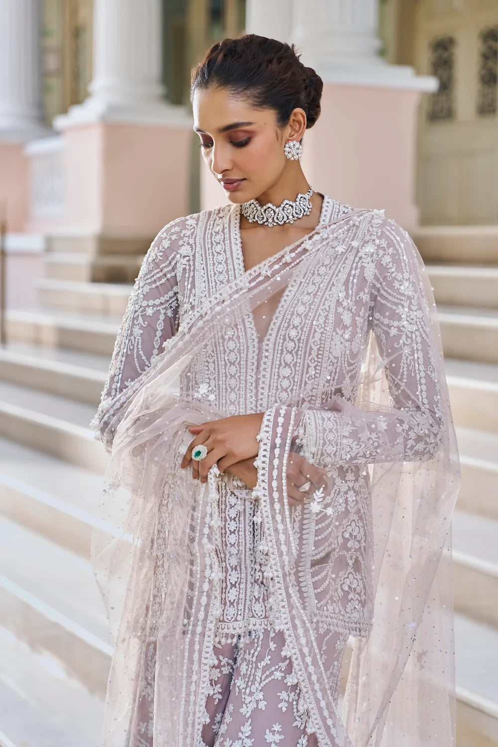 Indian Mauve Embroidered Net Sharara Set (3-Piece) - Image 4