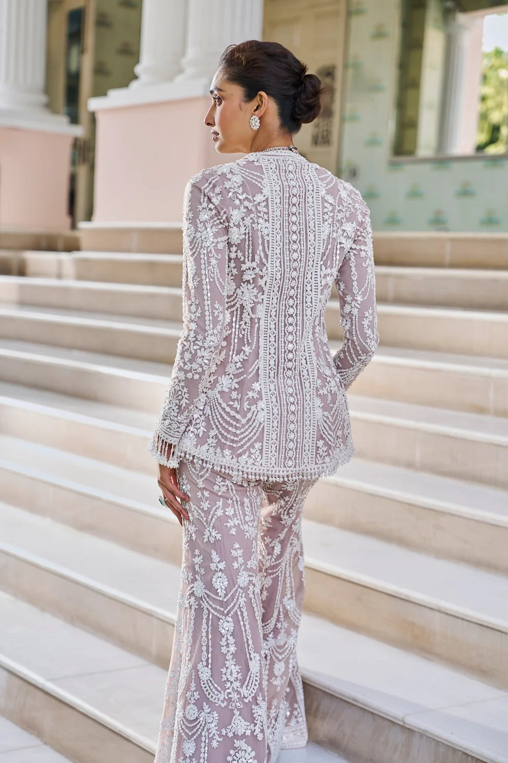 Indian Mauve Embroidered Net Sharara Set (3-Piece) - Image 5