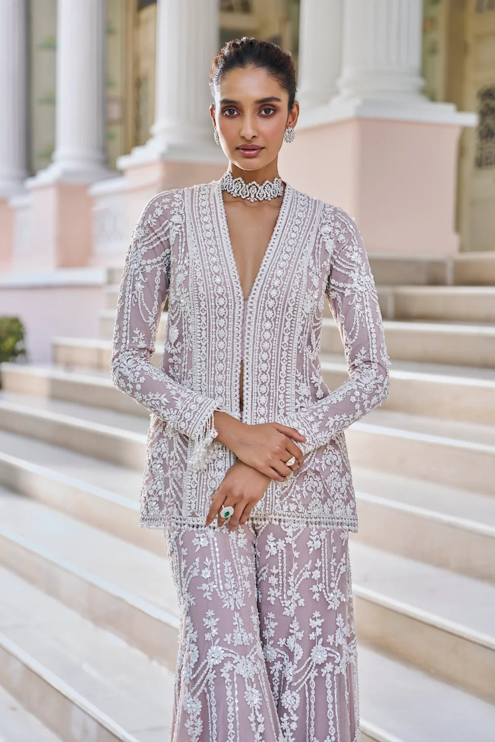 Indian Mauve Embroidered Net Sharara Set (3-Piece) - Image 6