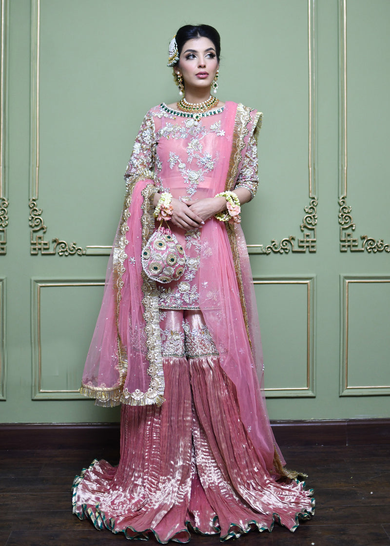 Pakistani Rose Pink Zardozi & Crystal Net Tissue Sharara (3-Piece) - Image 1