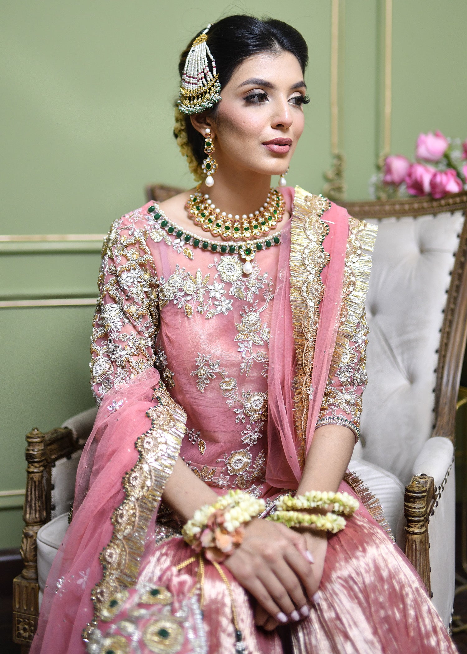 Pakistani Rose Pink Zardozi & Crystal Net Tissue Sharara (3-Piece) - Image 3