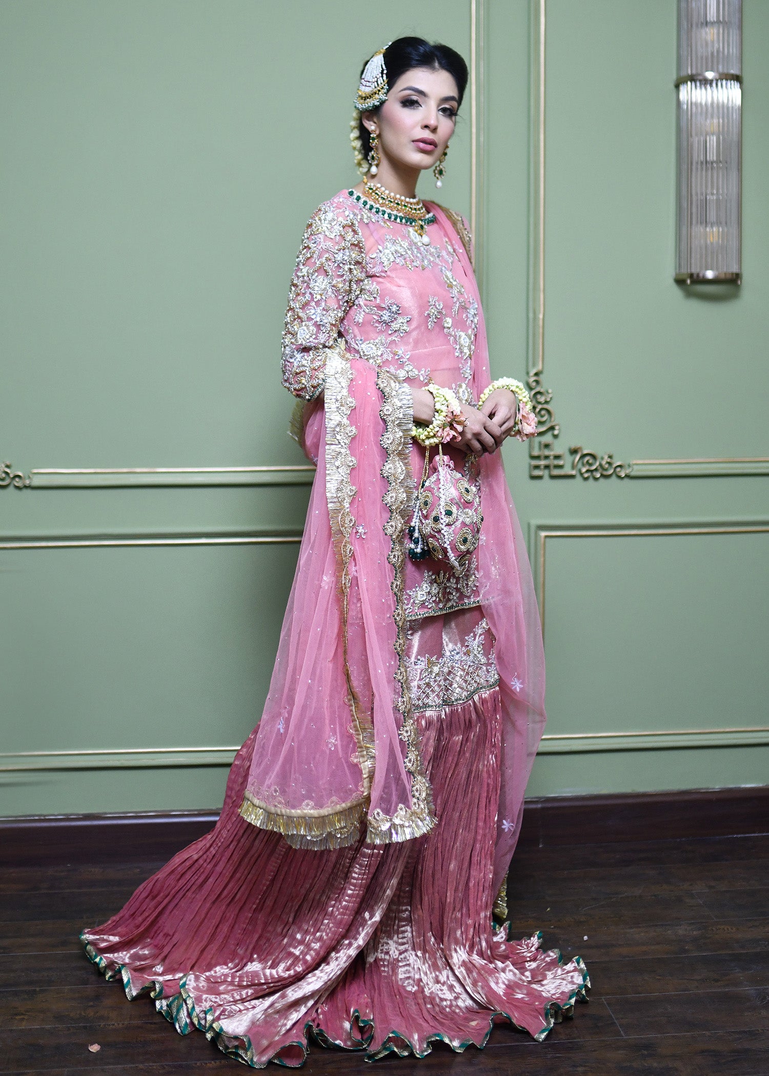 Pakistani Rose Pink Zardozi & Crystal Net Tissue Sharara (3-Piece) - Image 4