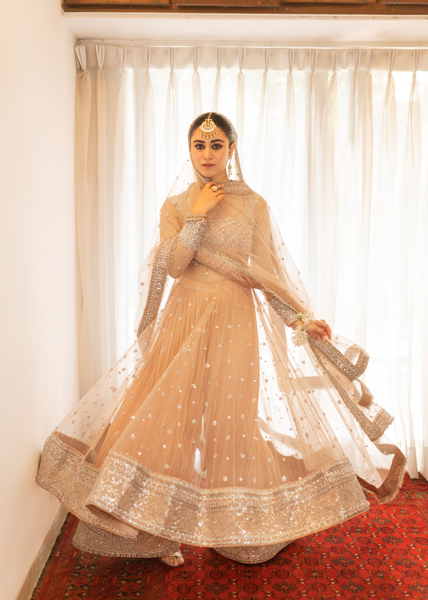 Indian Tea Pink Hand-Embroidered Net Pishwas (3-Piece) - Image 2