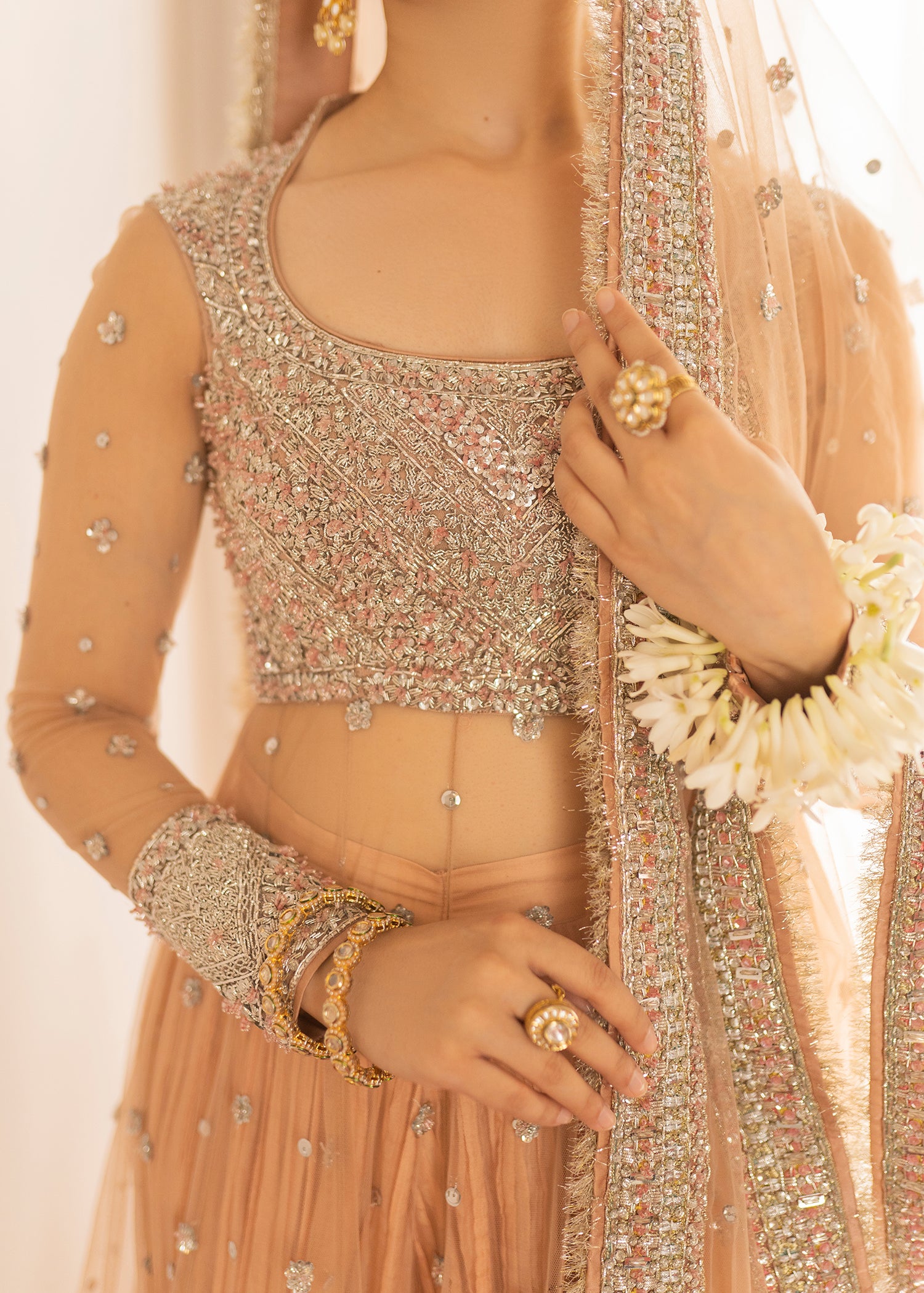 Indian Tea Pink Hand-Embroidered Net Pishwas (3-Piece) - Image 6