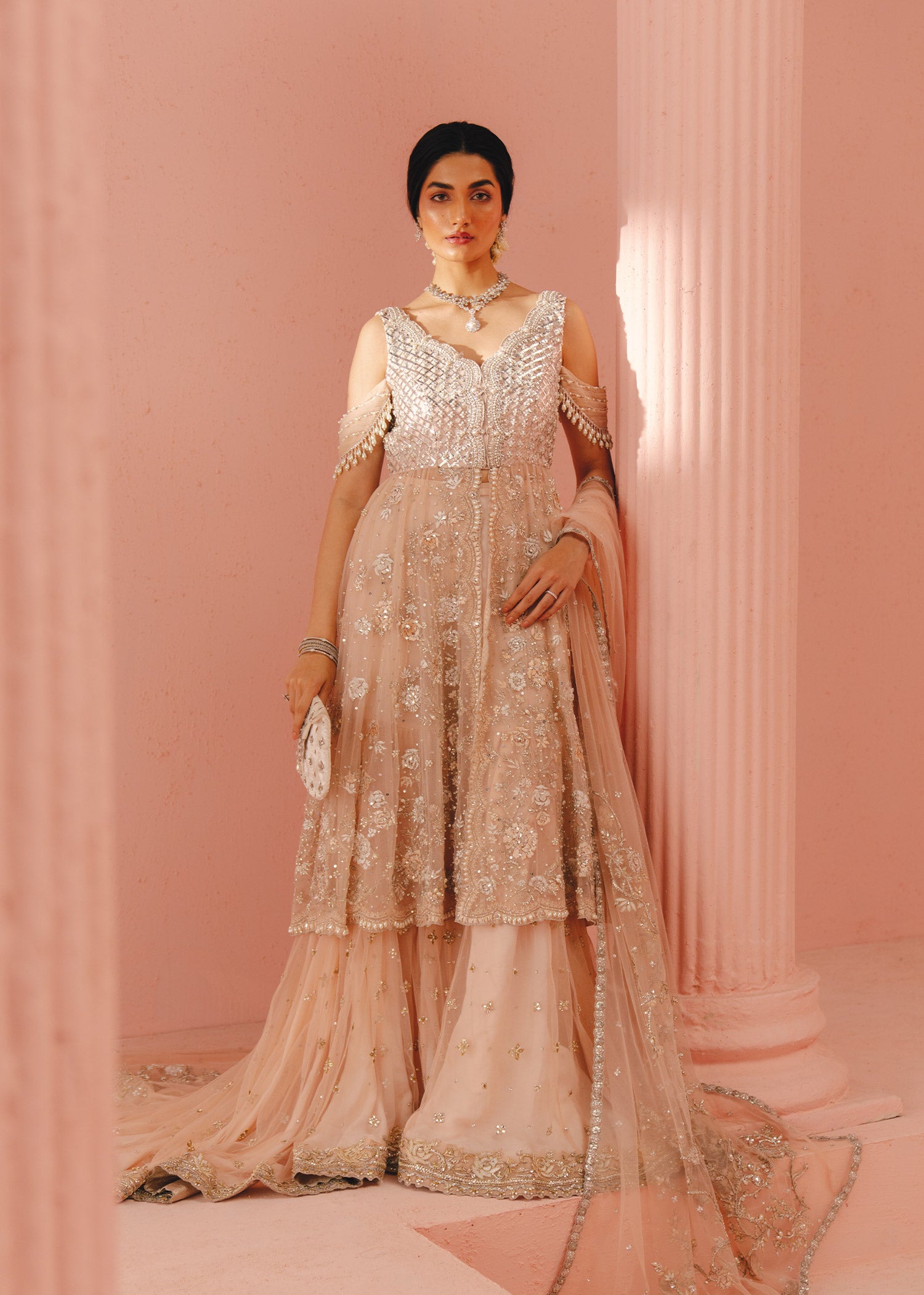 Pakistani Blush Pink Zardozi Net Sharara Set (3-Piece) - Image 1
