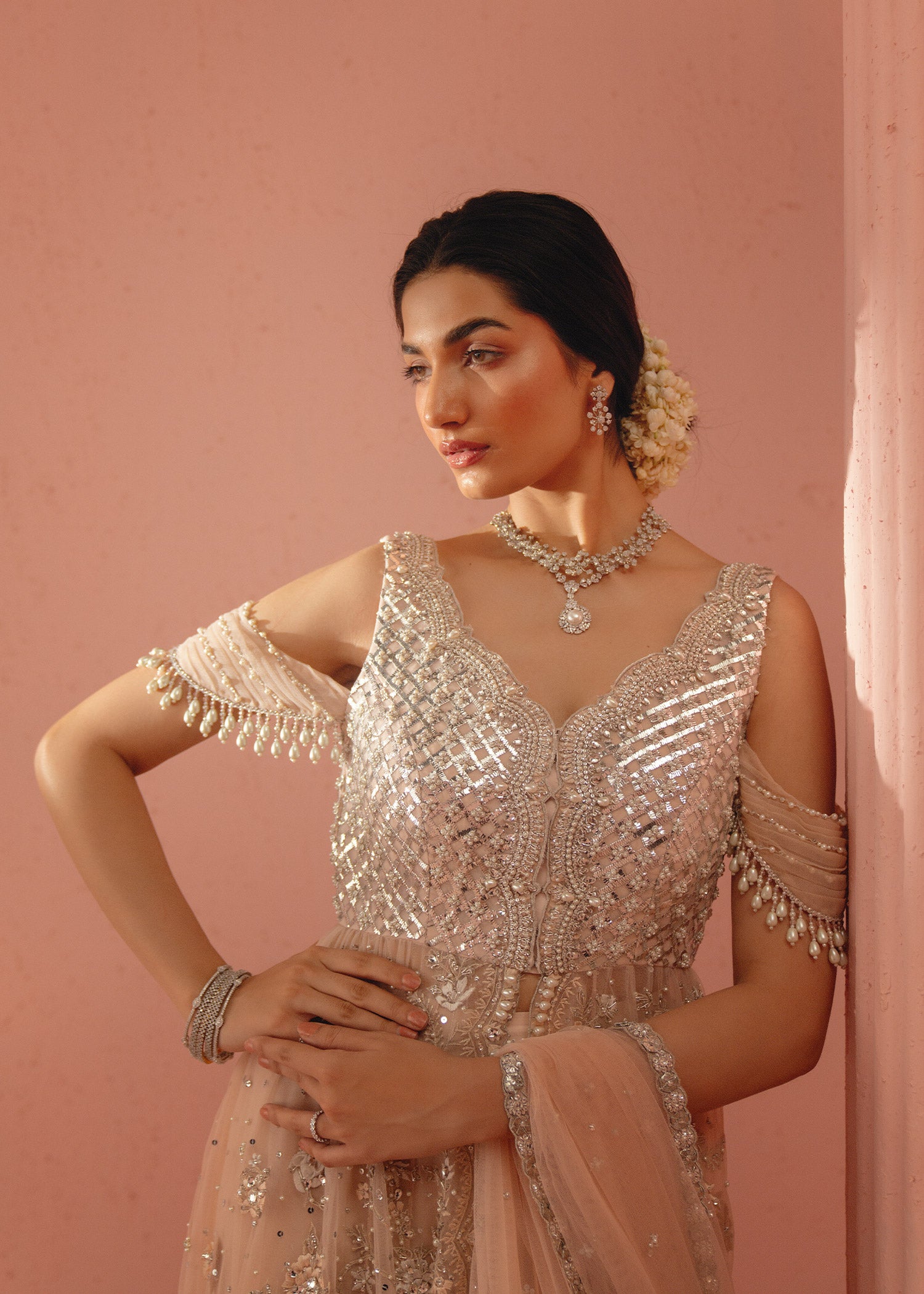 Pakistani Blush Pink Zardozi Net Sharara Set (3-Piece) - Image 2