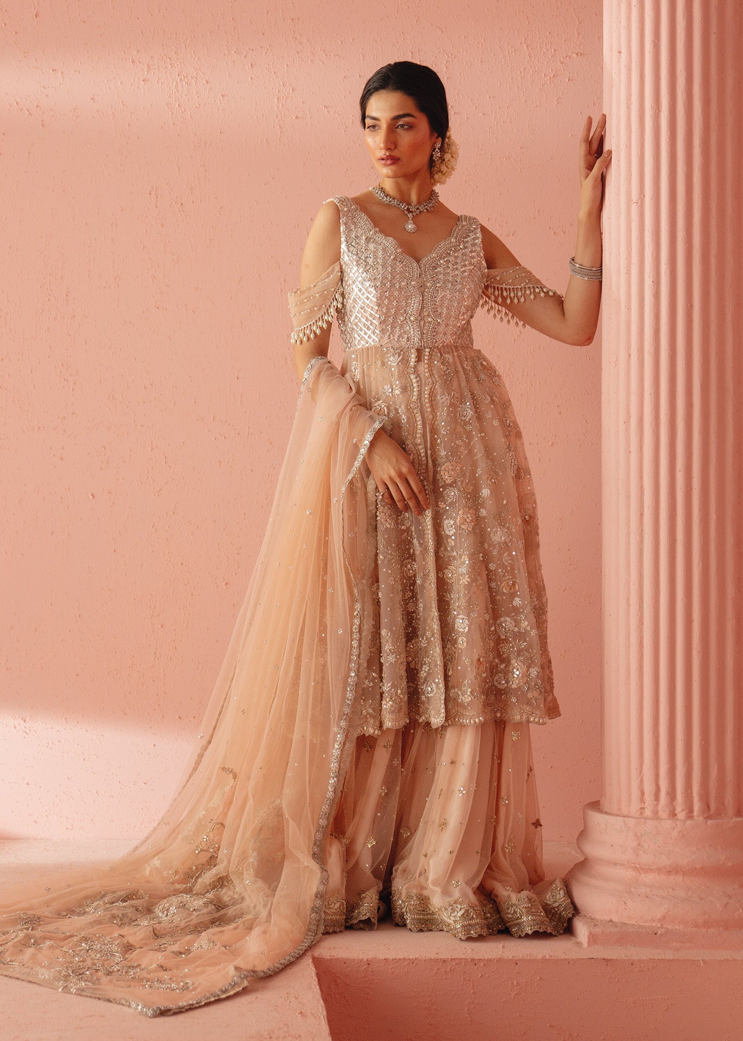 Pakistani Blush Pink Zardozi Net Sharara Set (3-Piece) - Image 3