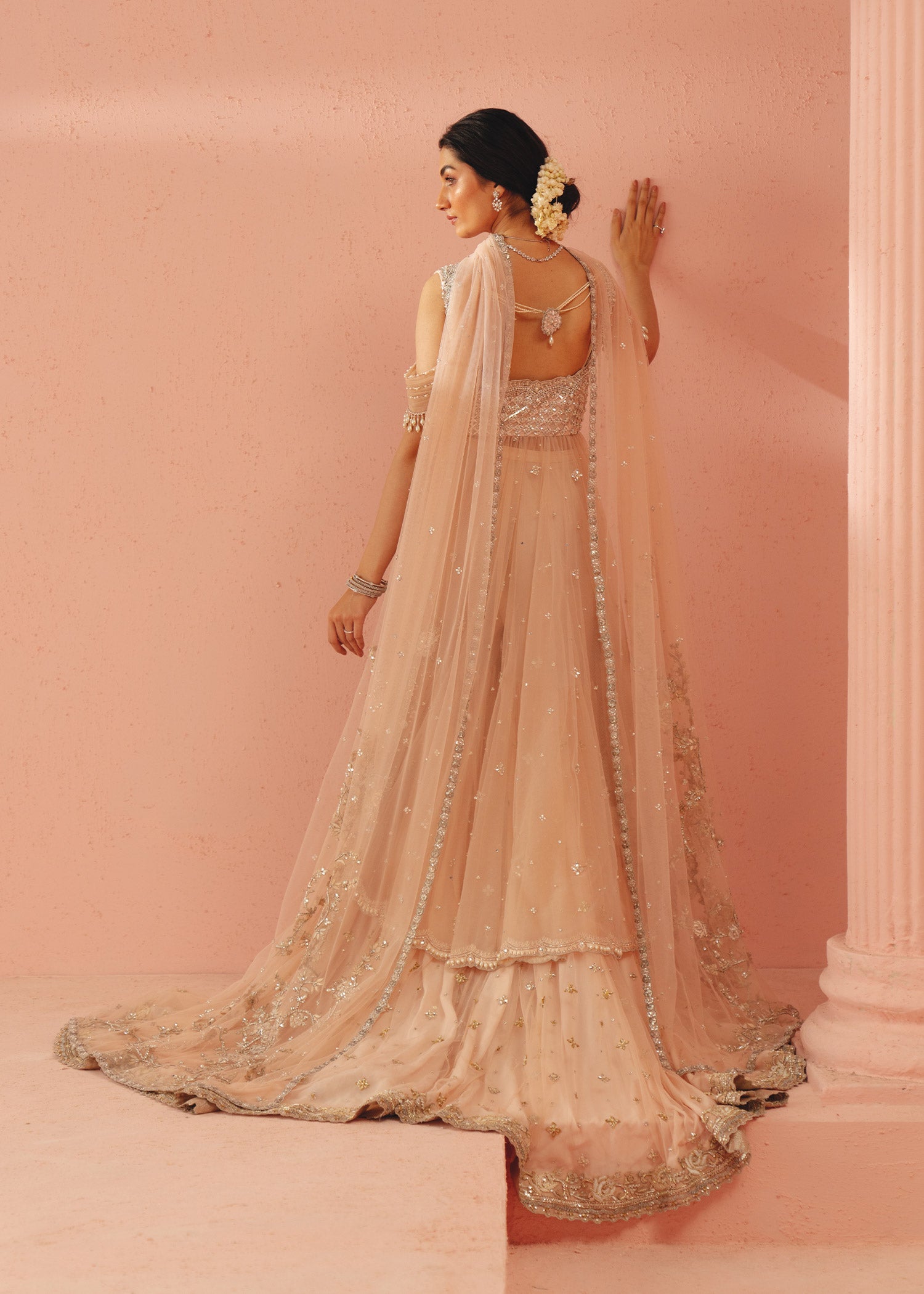 Pakistani Blush Pink Zardozi Net Sharara Set (3-Piece) - Image 4