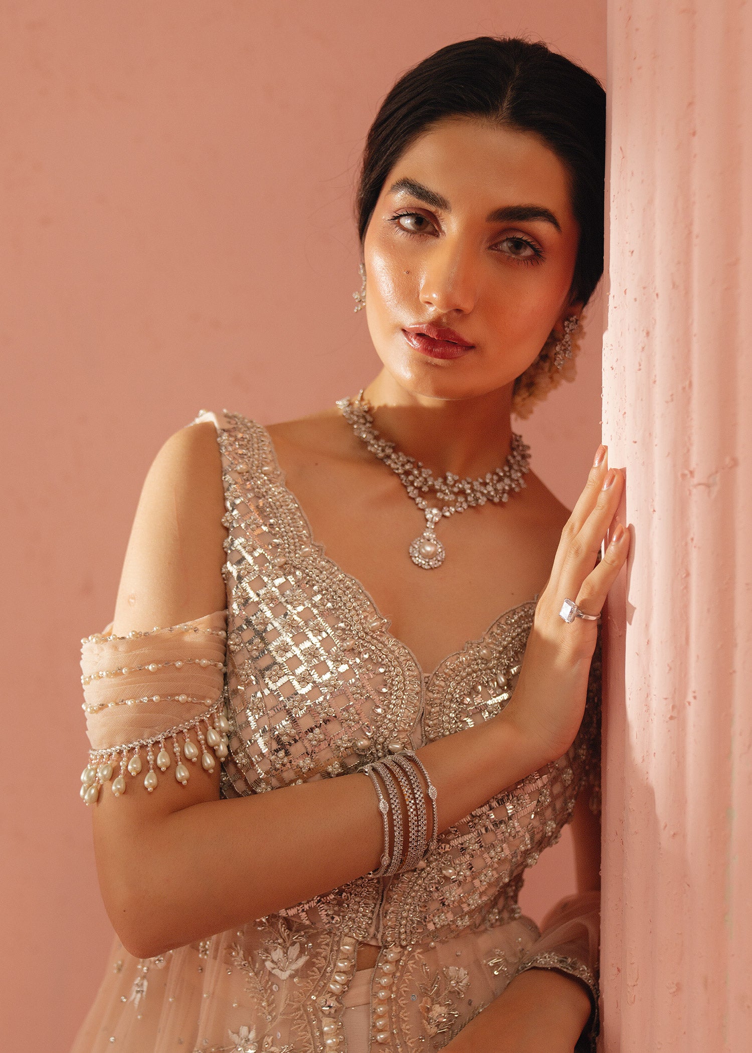 Pakistani Blush Pink Zardozi Net Sharara Set (3-Piece) - Image 5