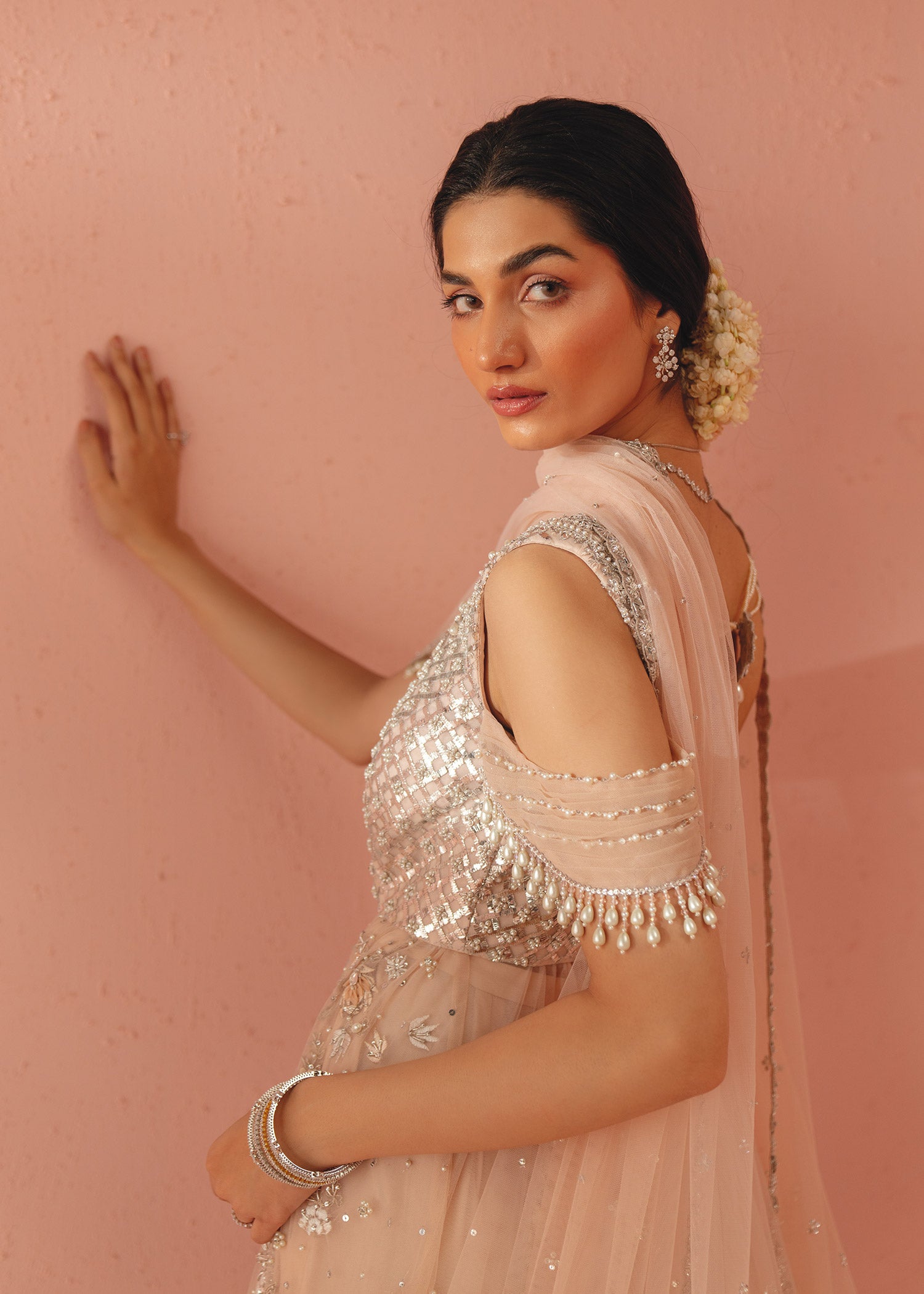 Pakistani Blush Pink Zardozi Net Sharara Set (3-Piece) - Image 6