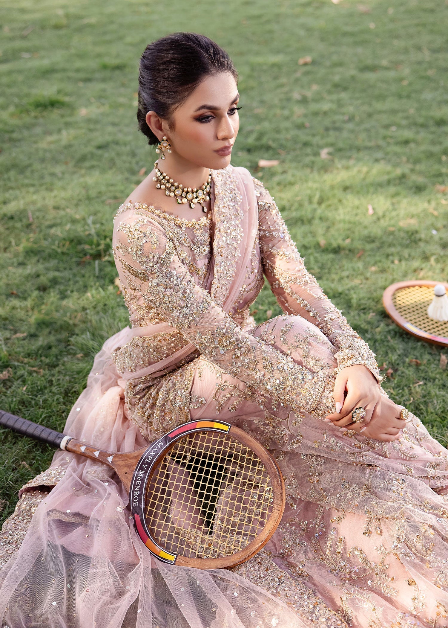 Blush Pink Hand-Embellished Net Sharara (3-Piece) - Image 7