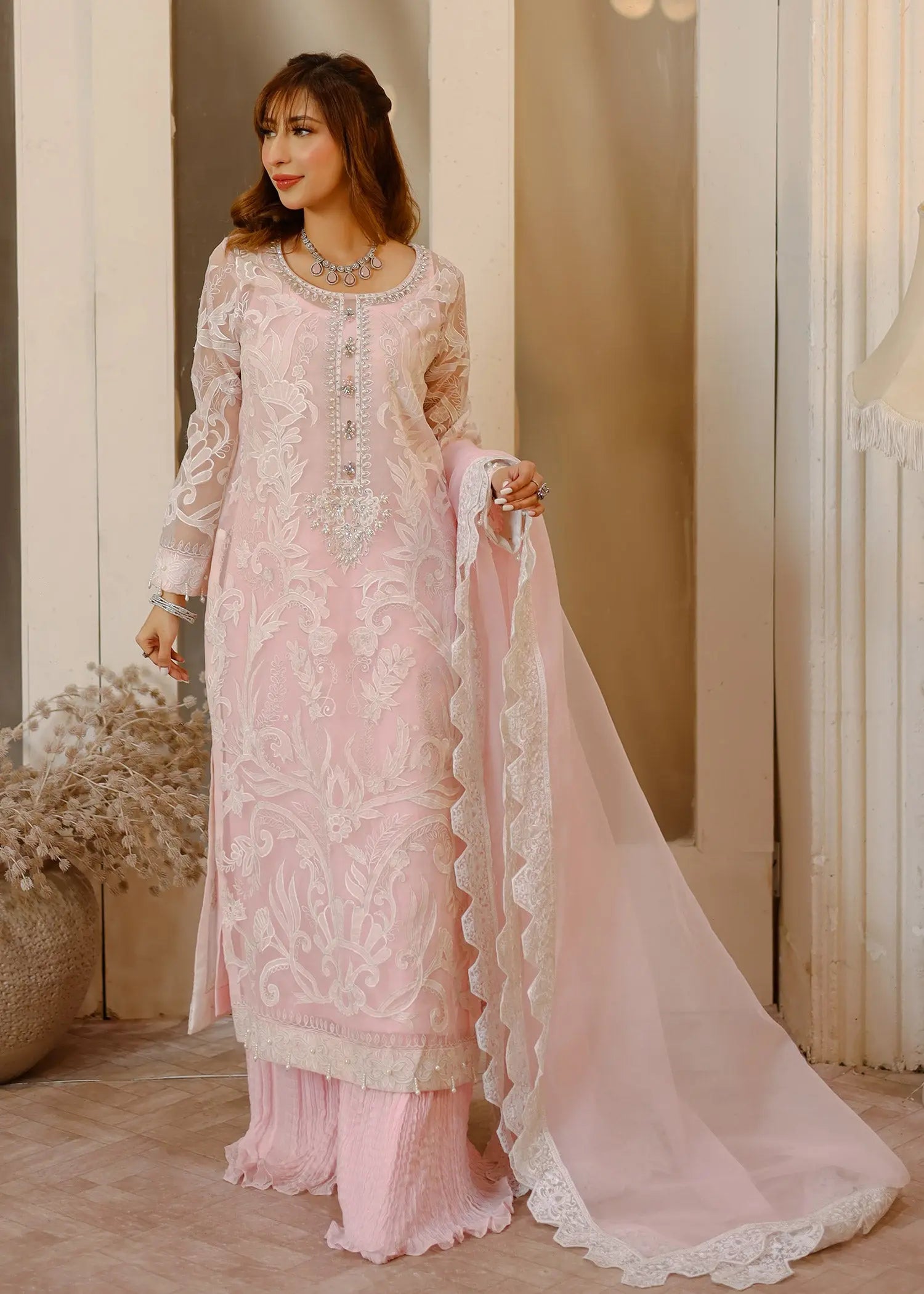 Pakistani Soft Pink Applique Embroidered Organza Sharara (3-Piece) - Image 1