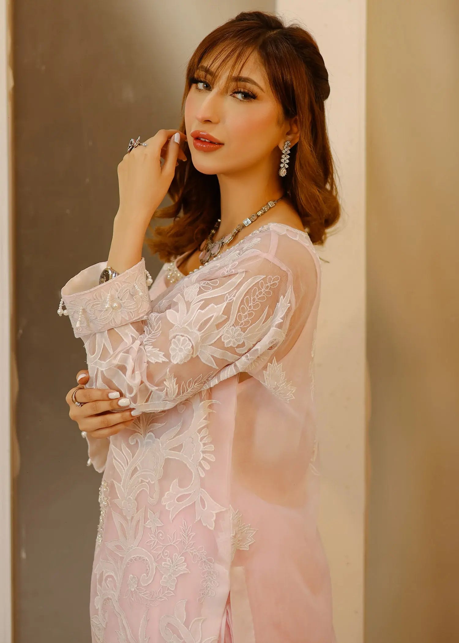 Pakistani Soft Pink Applique Embroidered Organza Sharara (3-Piece) - Image 2