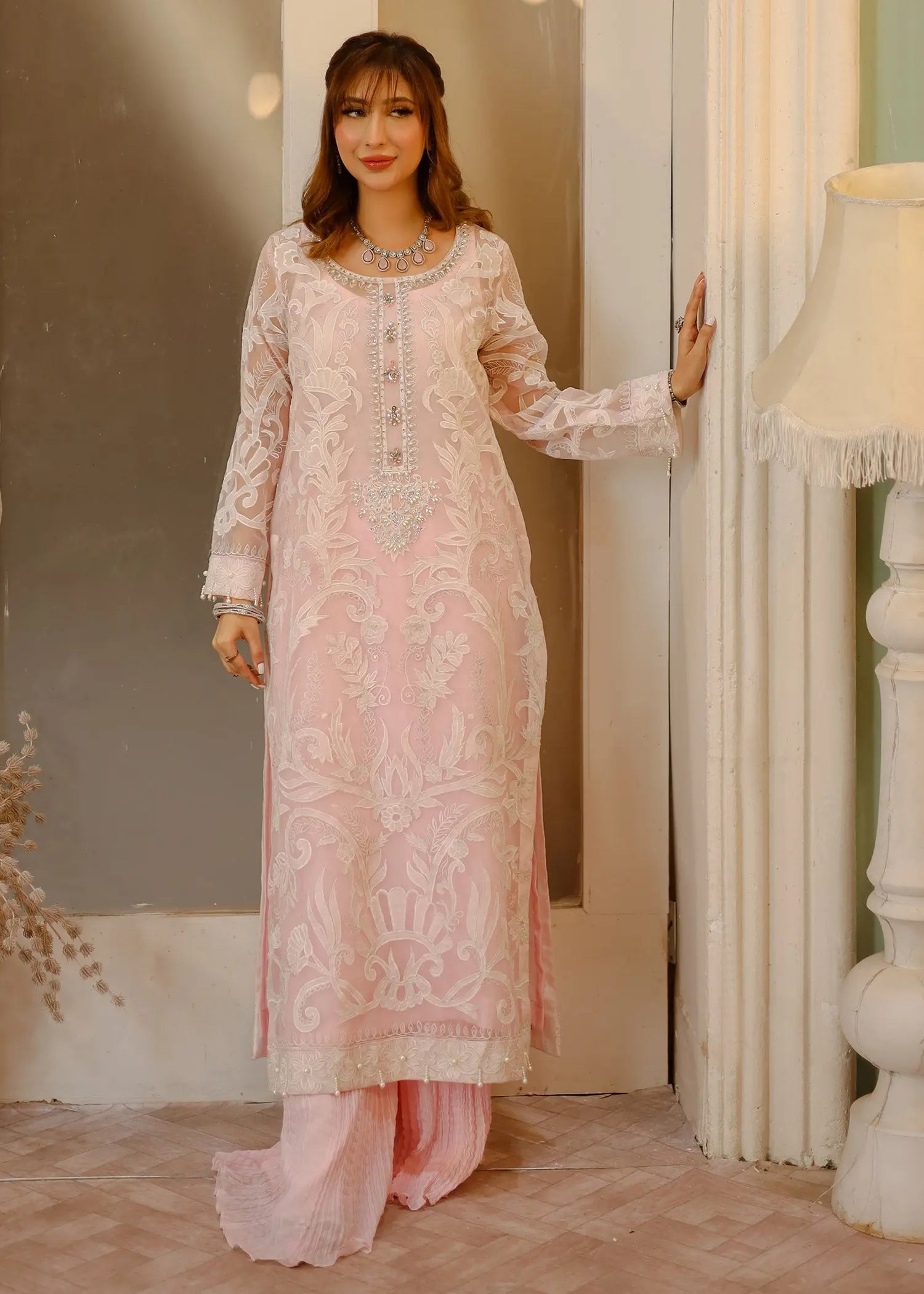 Pakistani Soft Pink Applique Embroidered Organza Sharara (3-Piece) - Image 3