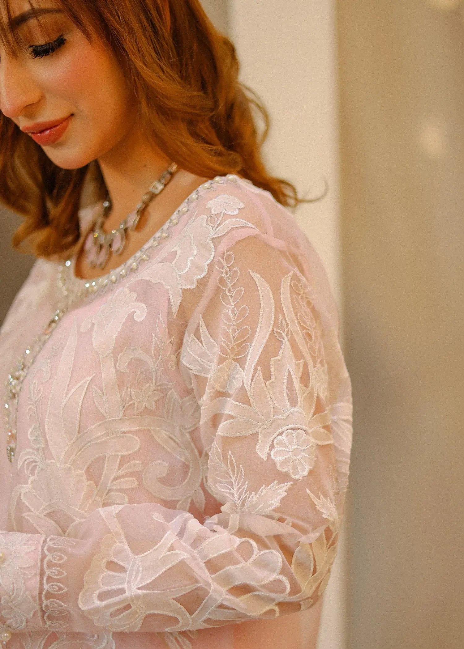 Pakistani Soft Pink Applique Embroidered Organza Sharara (3-Piece) - Image 4