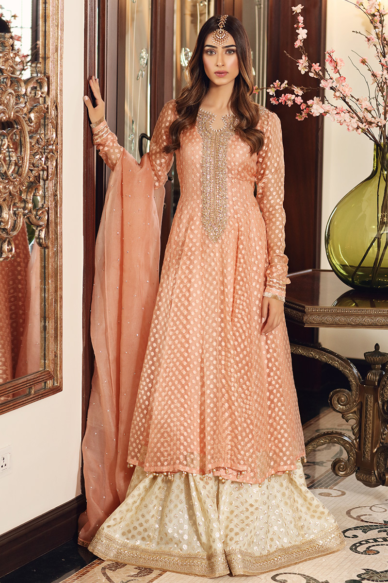 Peach Embellished Kalidaar Pishwas Sharara (3-Piece) - Image 1