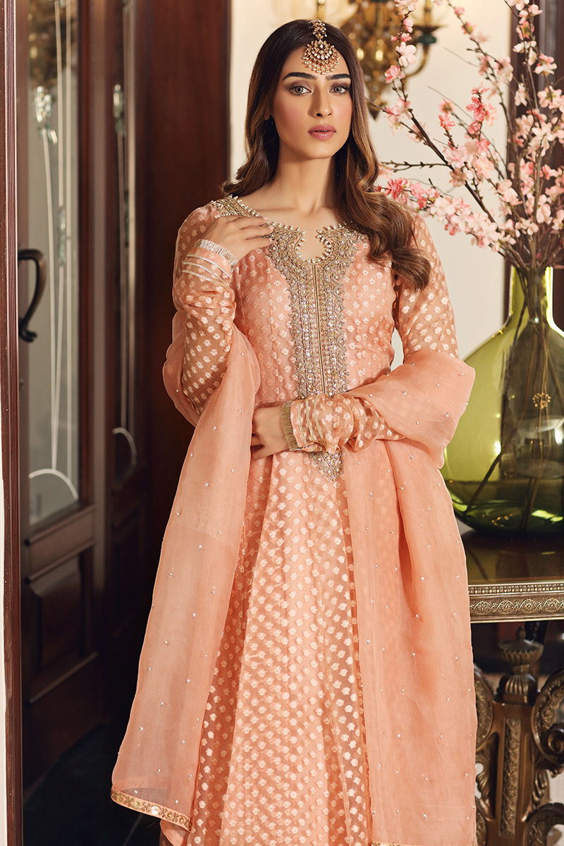 Peach Embellished Kalidaar Pishwas Sharara (3-Piece) - Image 2