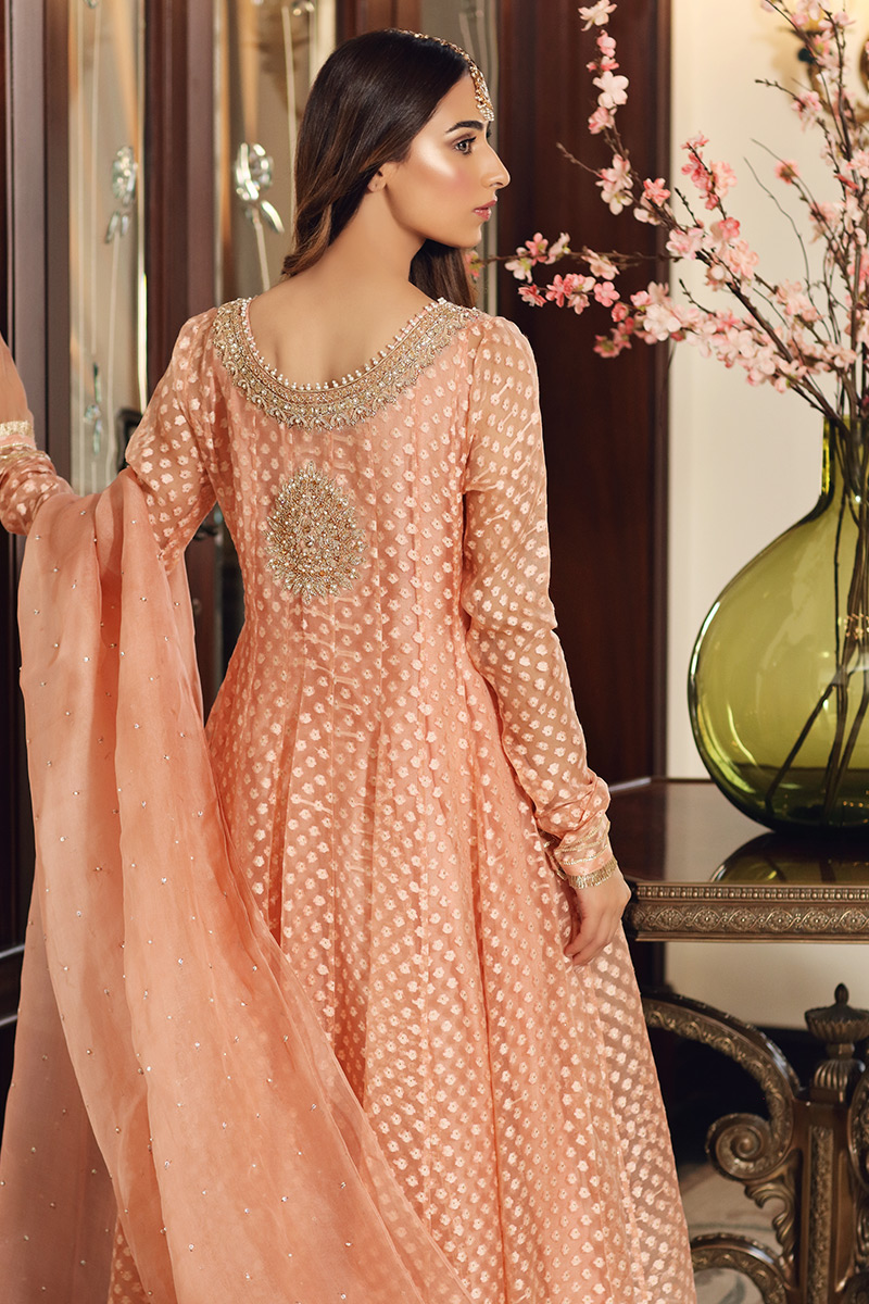 Peach Embellished Kalidaar Pishwas Sharara (3-Piece) - Image 3