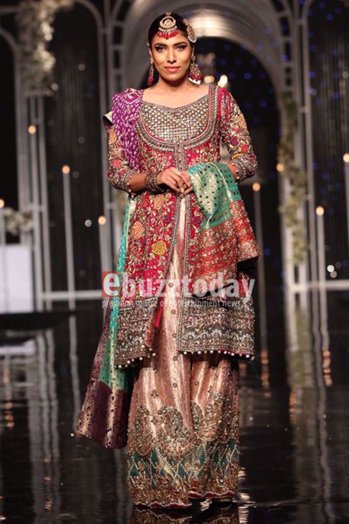 Deep Pink Dabka Embellished Organza Sharara (3-Piece) - Image 1