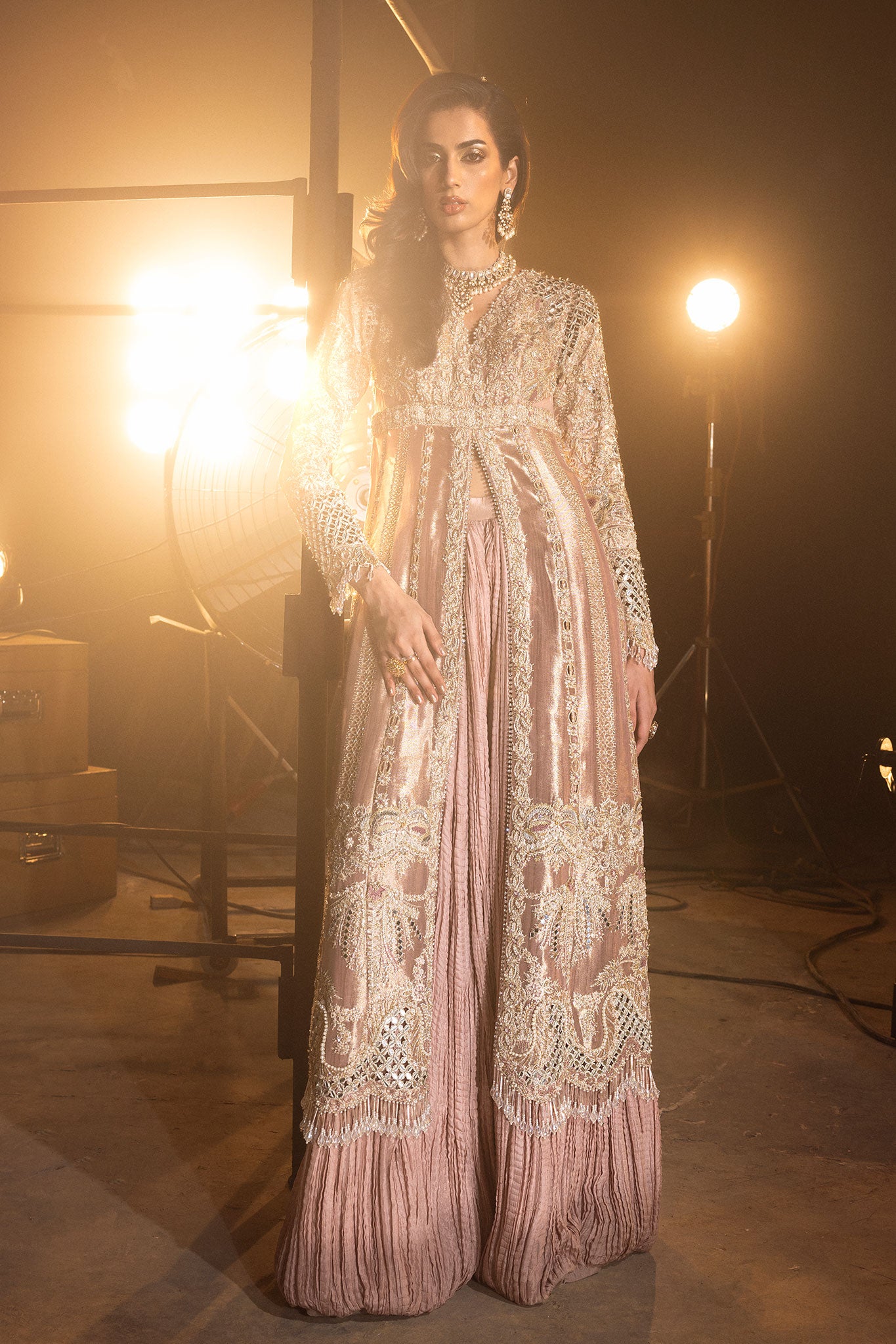 Pakistani Dusty Pink Embroidered Net Organza Jacket Sharara (3-Piece) - Image 1