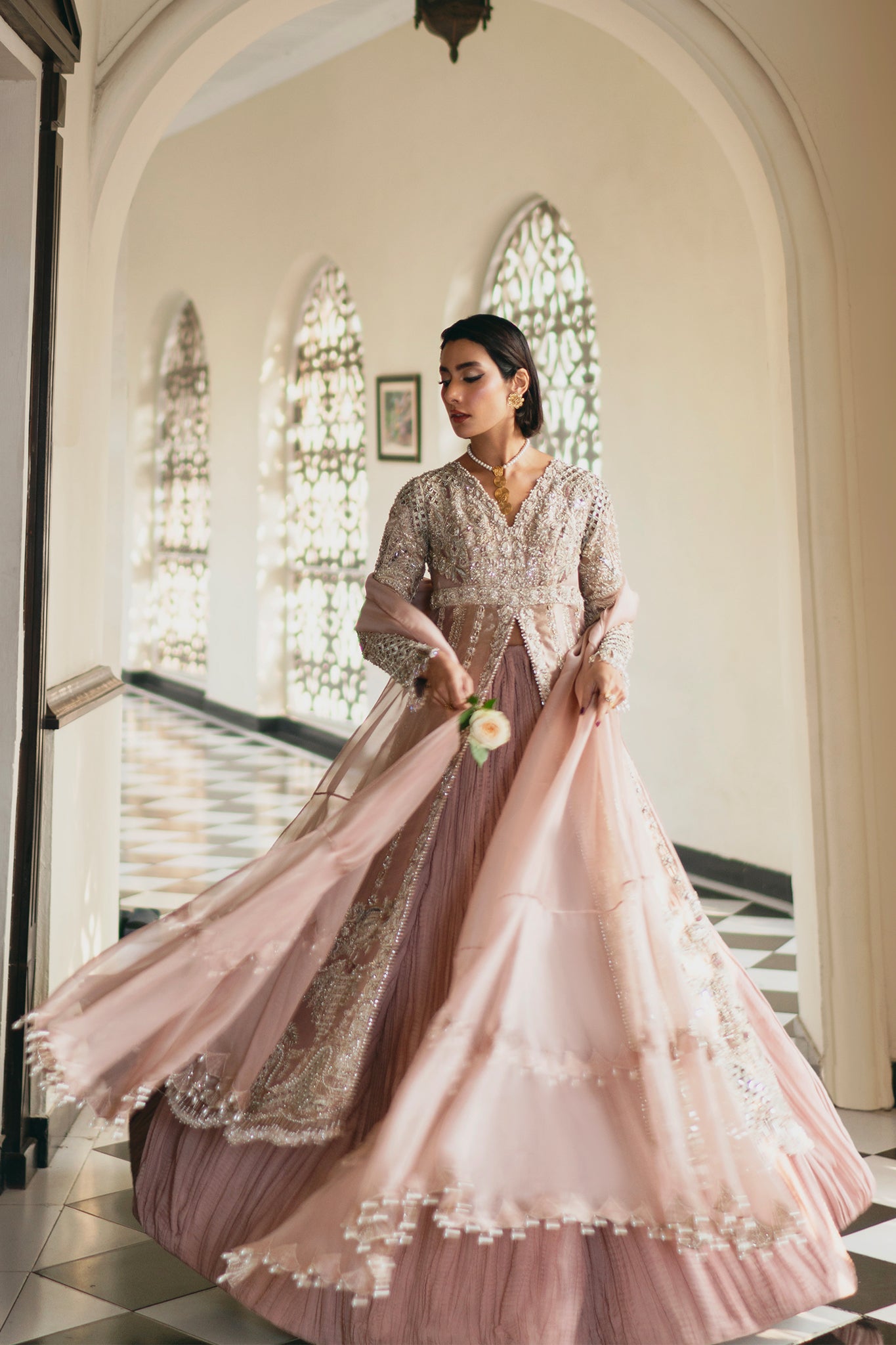 Pakistani Dusty Pink Embroidered Net Organza Jacket Sharara (3-Piece) - Image 10