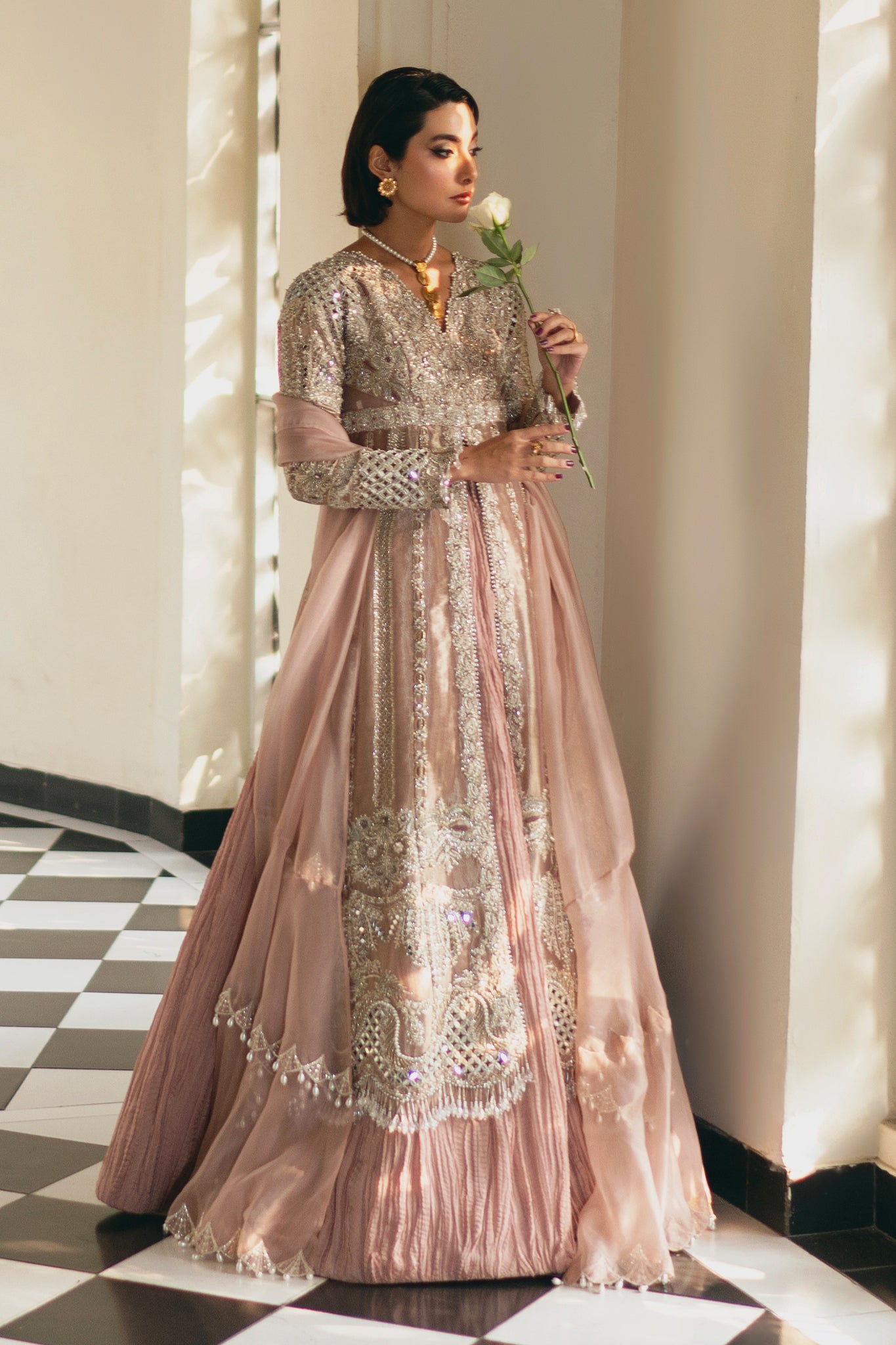 Pakistani Dusty Pink Embroidered Net Organza Jacket Sharara (3-Piece) - Image 11