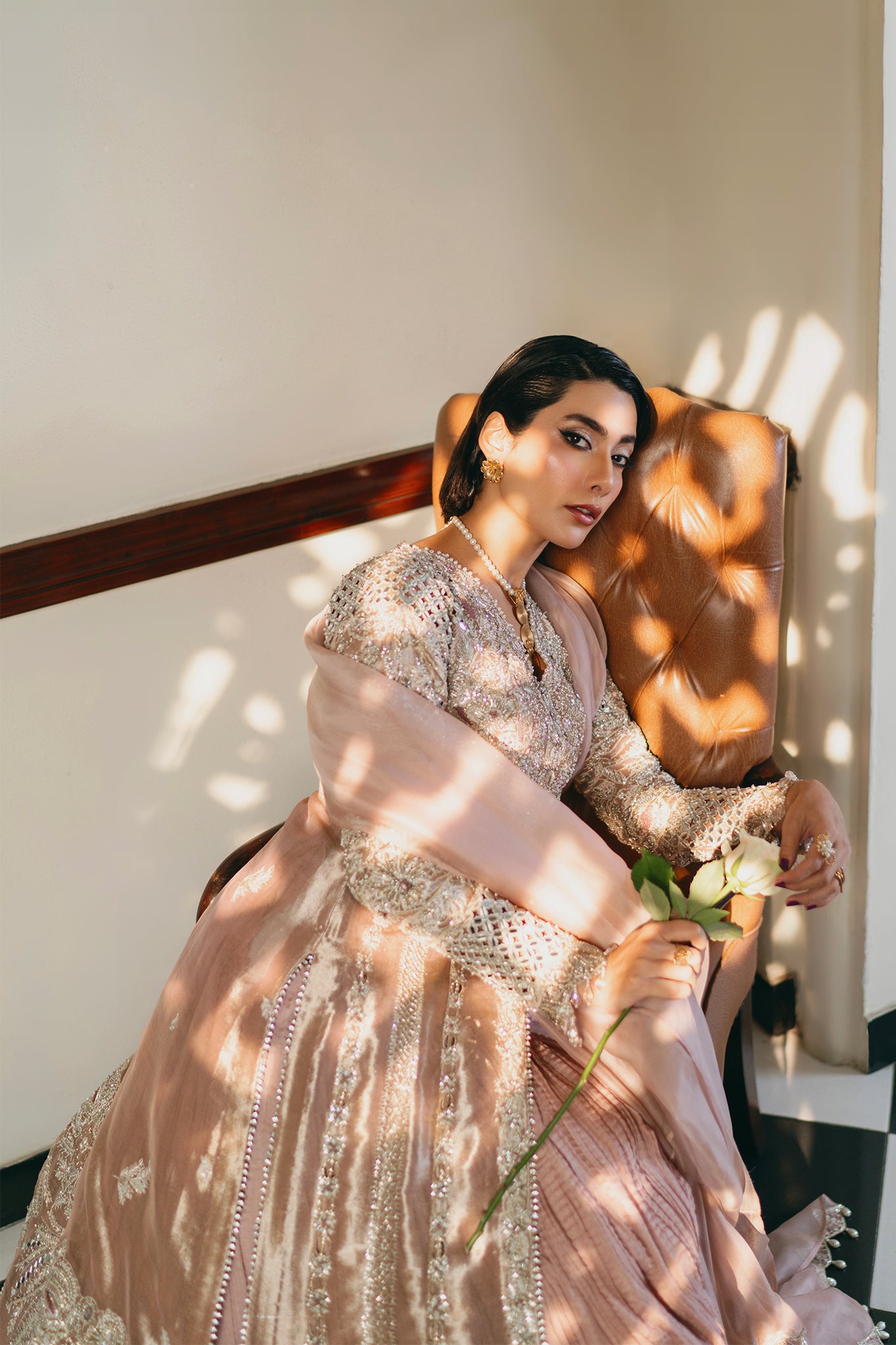 Pakistani Dusty Pink Embroidered Net Organza Jacket Sharara (3-Piece) - Image 12