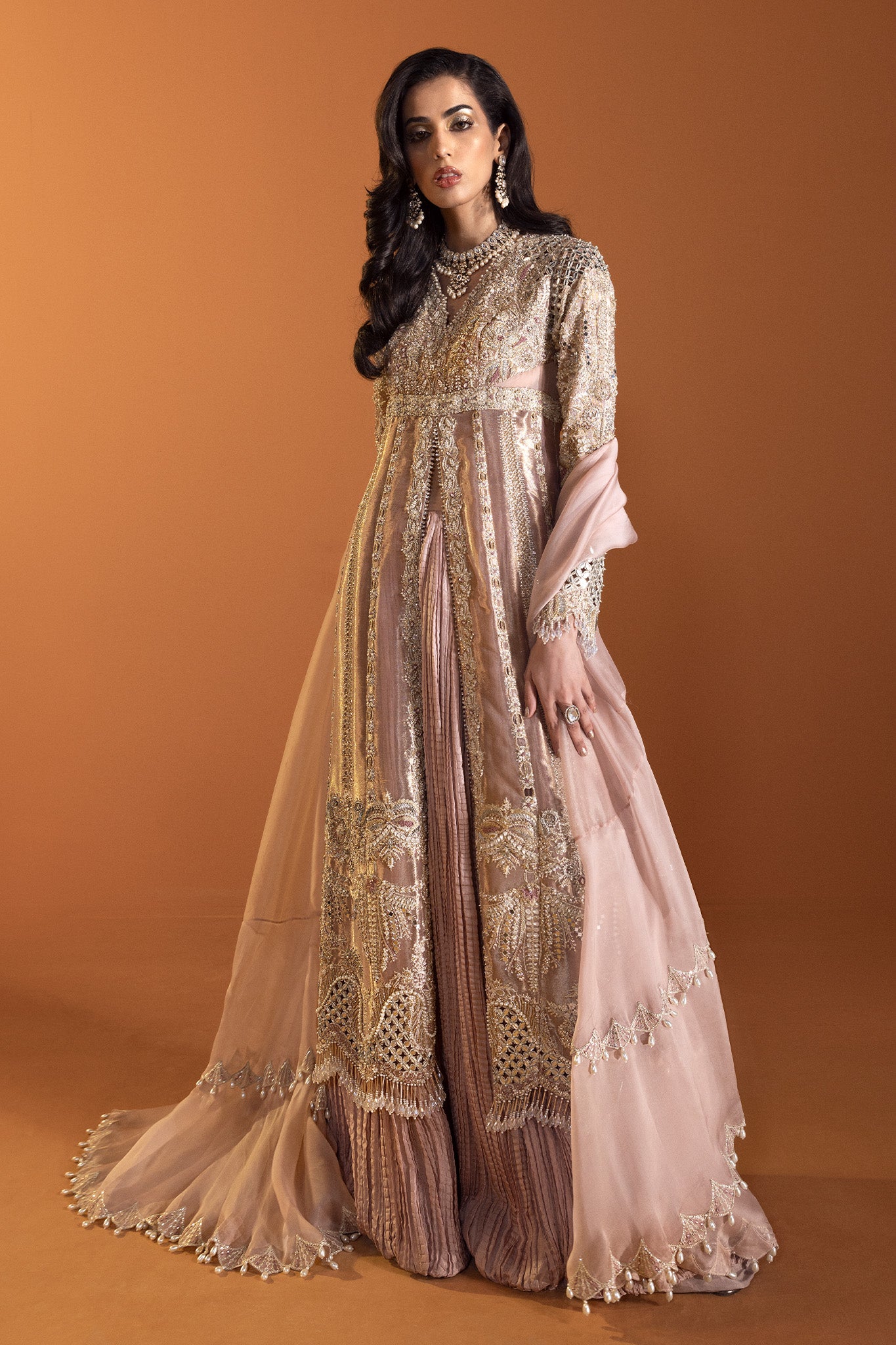 Pakistani Dusty Pink Embroidered Net Organza Jacket Sharara (3-Piece) - Image 2