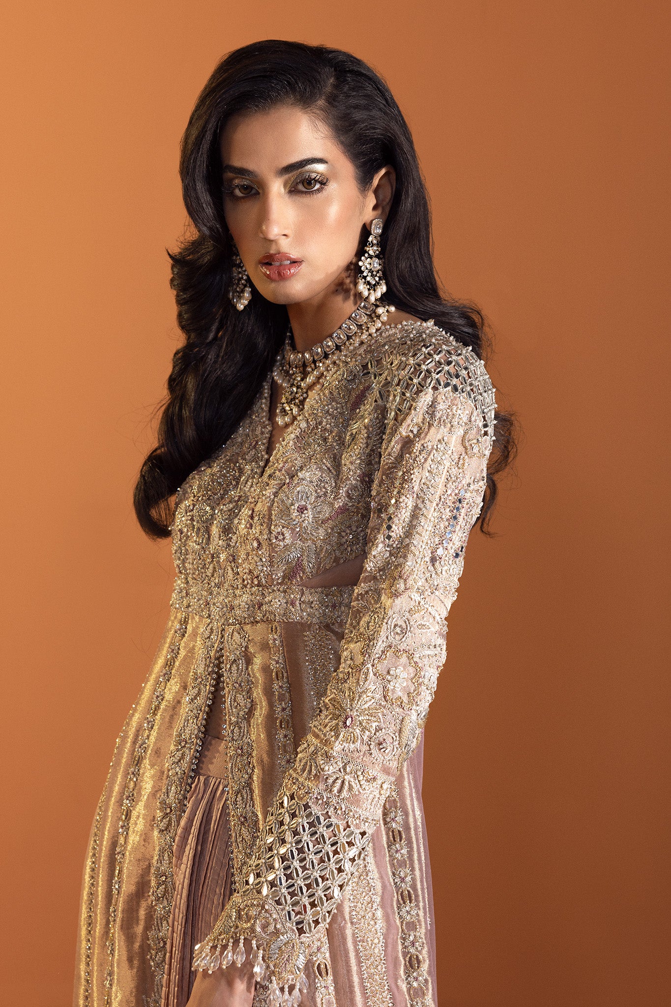 Pakistani Dusty Pink Embroidered Net Organza Jacket Sharara (3-Piece) - Image 3