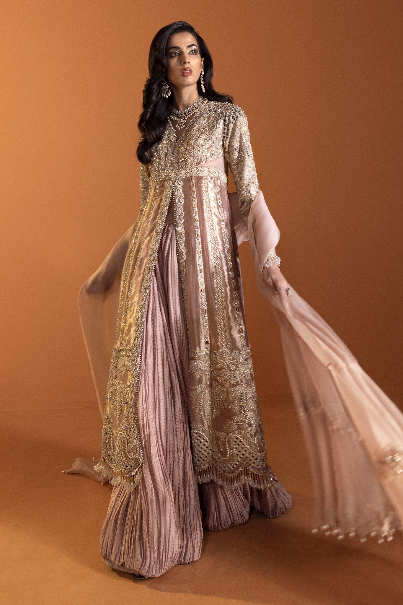 Pakistani Dusty Pink Embroidered Net Organza Jacket Sharara (3-Piece) - Image 4