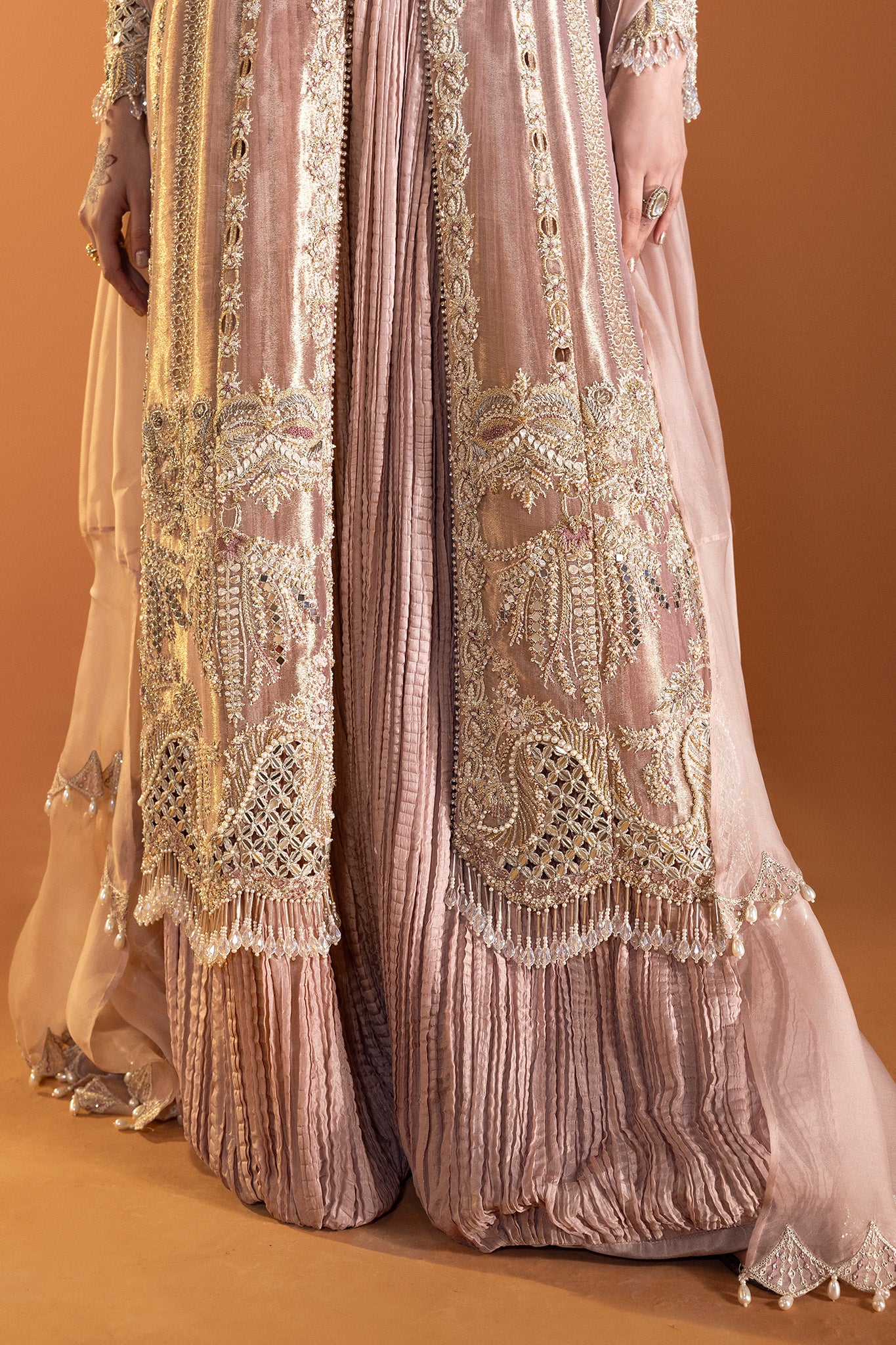 Pakistani Dusty Pink Embroidered Net Organza Jacket Sharara (3-Piece) - Image 5