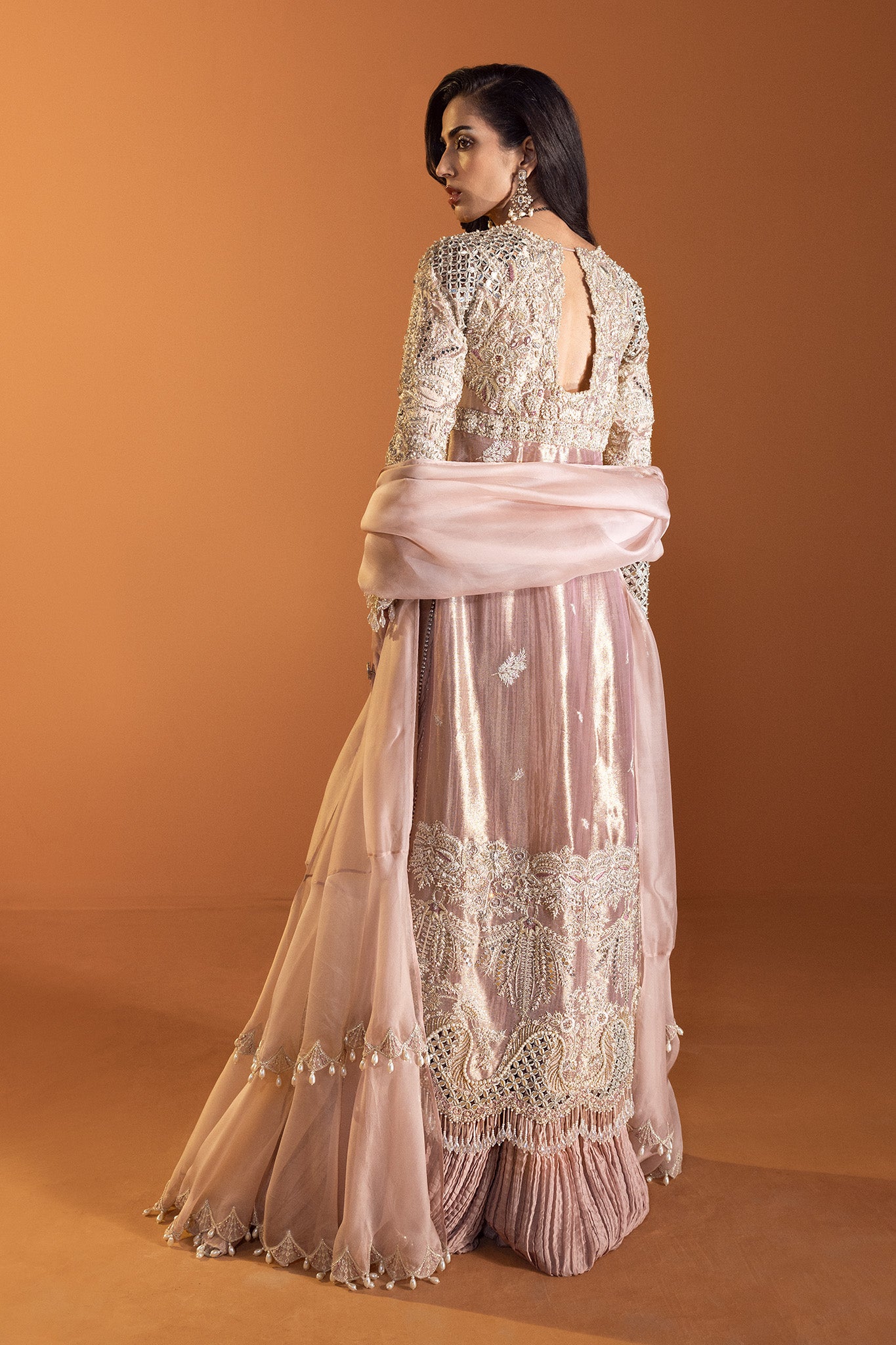 Pakistani Dusty Pink Embroidered Net Organza Jacket Sharara (3-Piece) - Image 6